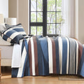Quilts Queen Size - Blue Quilt Set with Matching Shams, Modern Striped Design Bedding Bedspread, 3 Pieces 100% Cotton Lightweight Coverlet Home Decor for All Season, Brown/Cream
