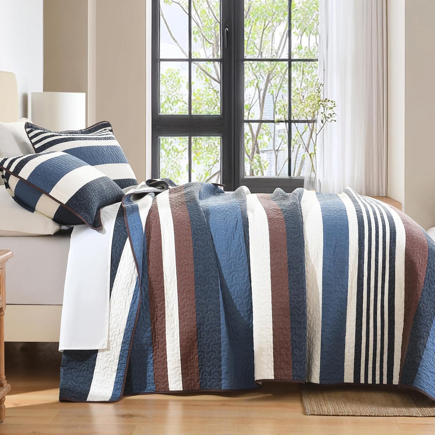 Quilts King Size - Blue Quilt Set with Matching Shams, Modern Striped Design Bedding Bedspread, 3 Pieces 100% Cotton Lightweight Coverlet Home Decor for All Season, Brown/Cream