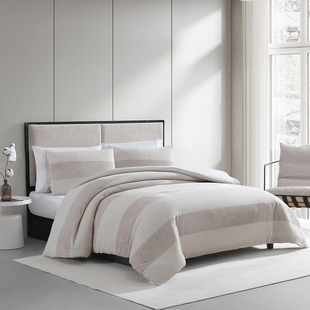 Vera Wang - King Size Comforter Set, Soft Bedding Set with Textured Chenille Waffle Feel, Medium Weight for Year-Round Comfort, 3 Piece Bed Set with Matching Pillowcases (Stripe Beige)