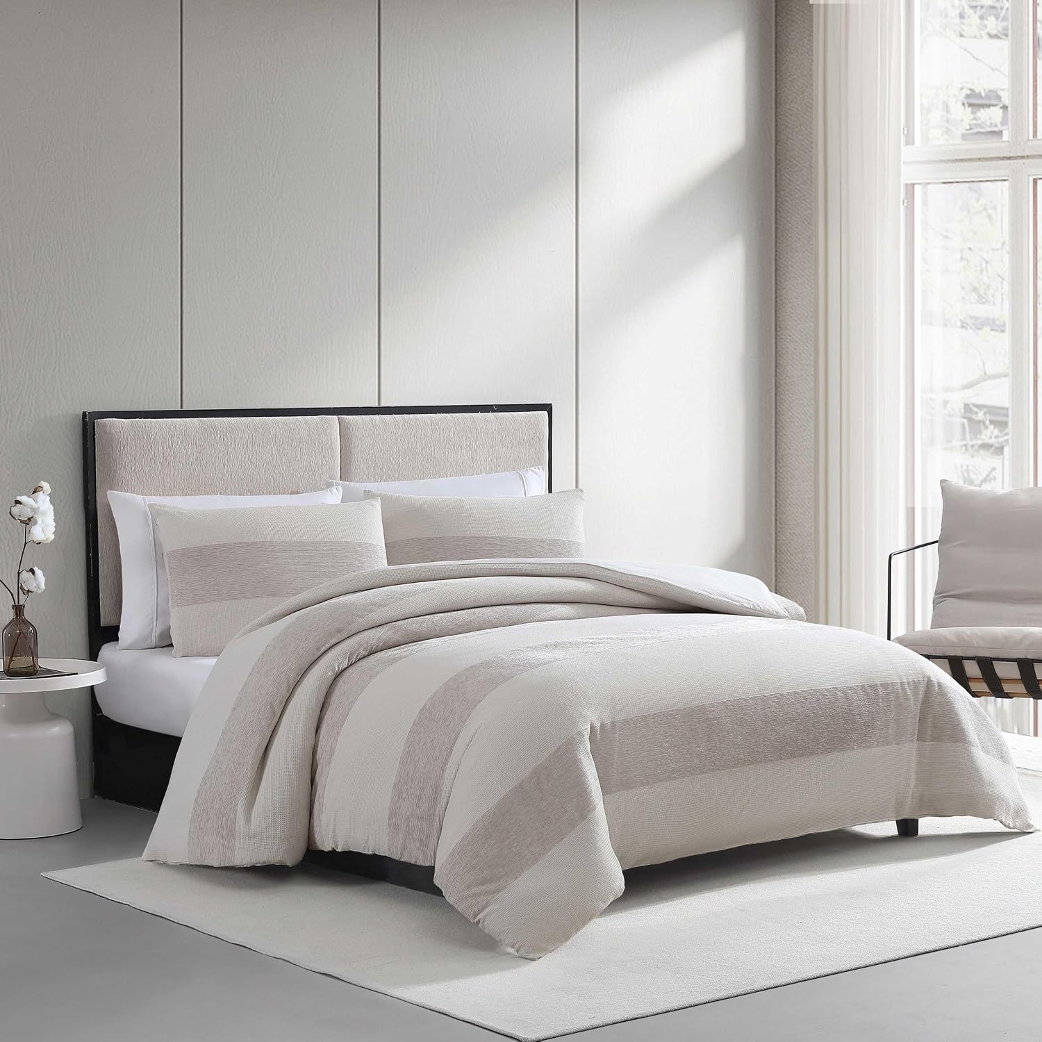 Vera Wang - King Size Comforter Set, Soft Bedding Set with Textured Chenille Waffle Feel, Medium Weight for Year-Round Comfort, 3 Piece Bed Set with Matching Pillowcases (Stripe Beige)