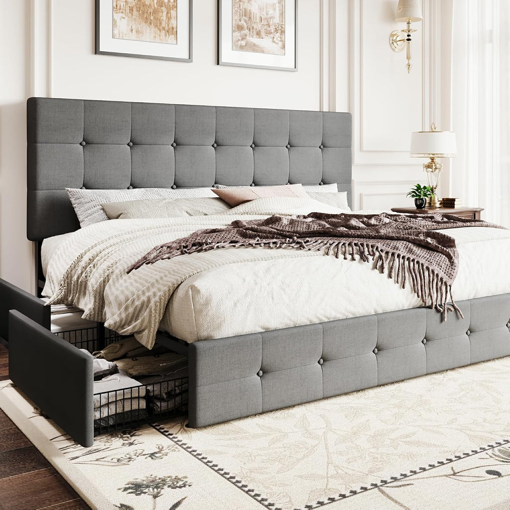 SHA CERLIN Upholstered King Size Platform Bed Frame with 4 Storage Drawers, Adjustable Headboard with Square Stitched Button Tufted Design, Wooden Slat Support, No Box Spring Needed, Light Grey