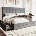 SHA CERLIN Upholstered King Size Platform Bed Frame with 4 Storage Drawers, Adjustable Headboard with Square Stitched Button Tufted Design, Wooden Slat Support, No Box Spring Needed, Light Grey