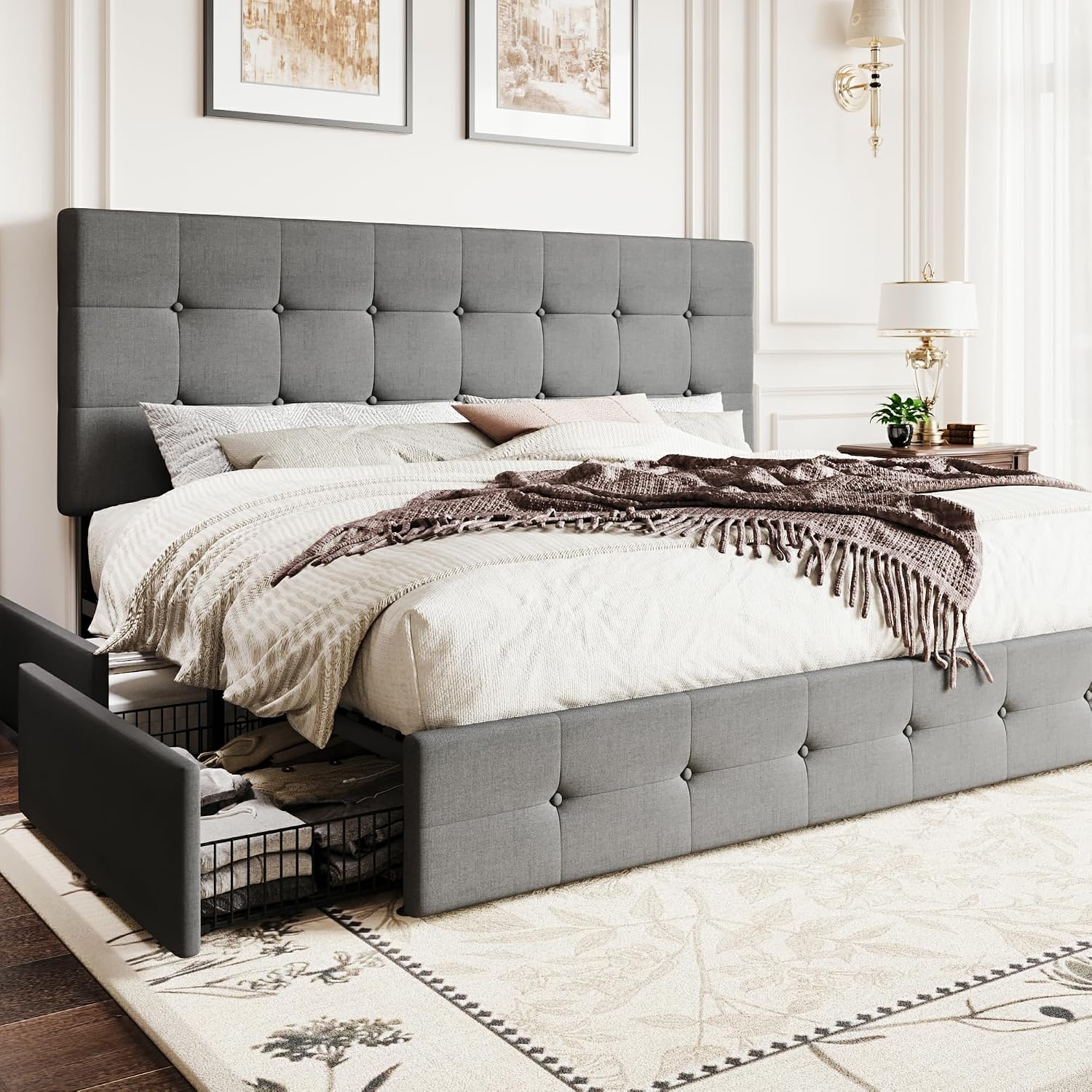 SHA CERLIN Upholstered King Size Platform Bed Frame with 4 Storage Drawers, Adjustable Headboard with Square Stitched Button Tufted Design, Wooden Slat Support, No Box Spring Needed, Light Grey
