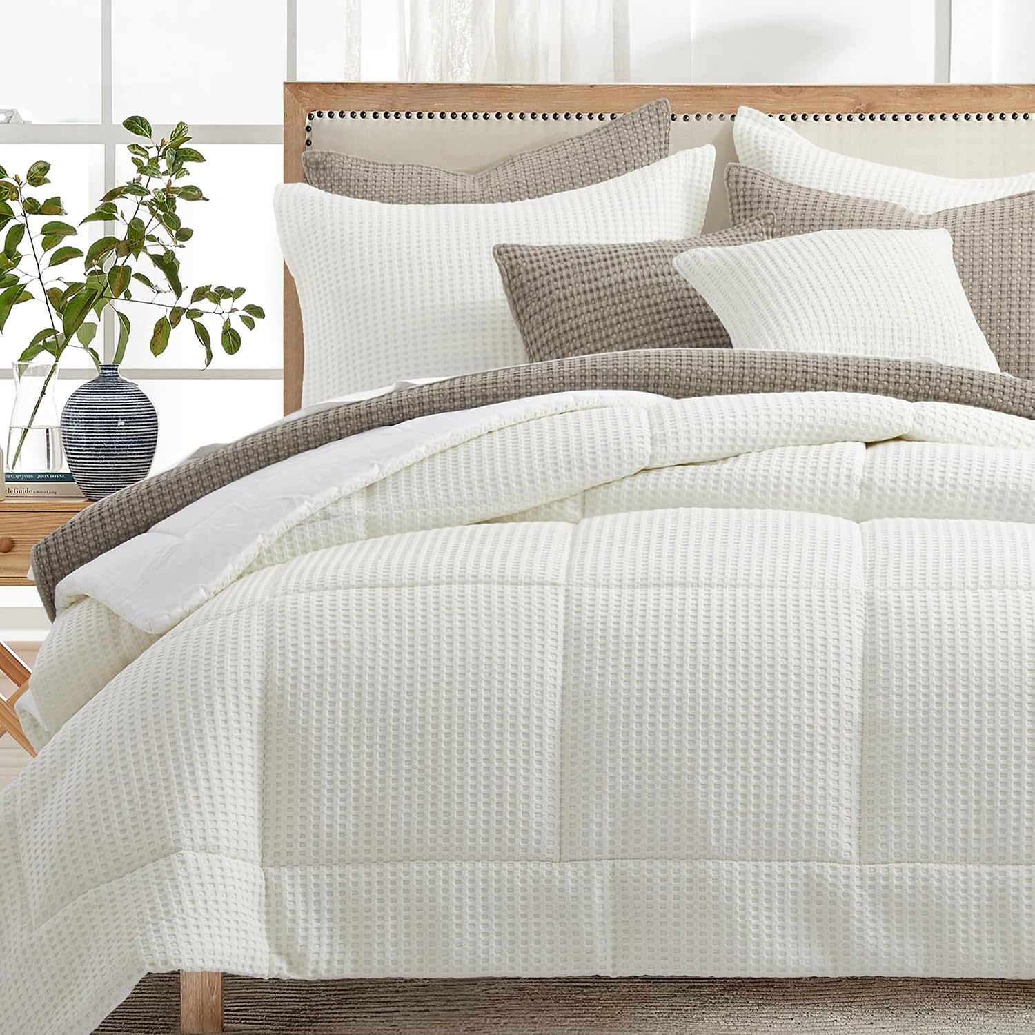 Levtex Home Mills Waffle Full/Queen Comforter Set (90x94in) with 2 Pillow Shams (26x20in) - Cream - 100% Cotton Full/Queen Size Comforter Set - Soft, Pre-Washed