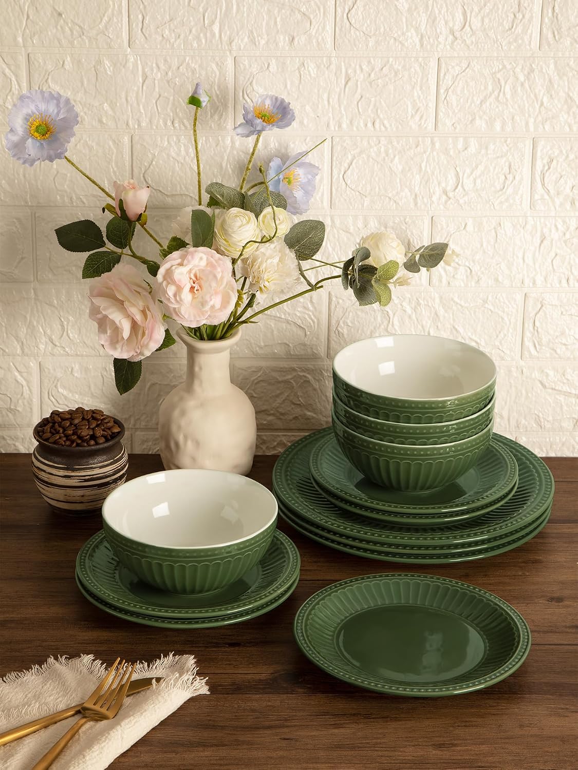 Famiware Garden 24-Piece Embossed Plates and Bowls Sets, Stoneware Reactive Glaze Dishes Dinnerware Set, Modern Rustic, Chip & Scratch Resistant, Microwave & Dishwasher Safe, Service for 8, Dark Green