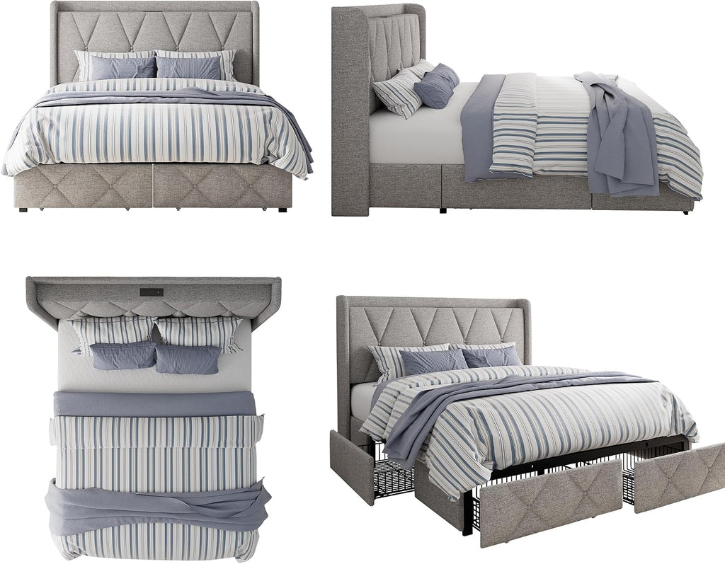 GalnFu Full Size Bed Frame with 4 Storage Drawers, Upholstered Platform Bed with Charging Station, Modern Wingback Storage Headboard, Easy Assembly,Noise-Free, Light Gray