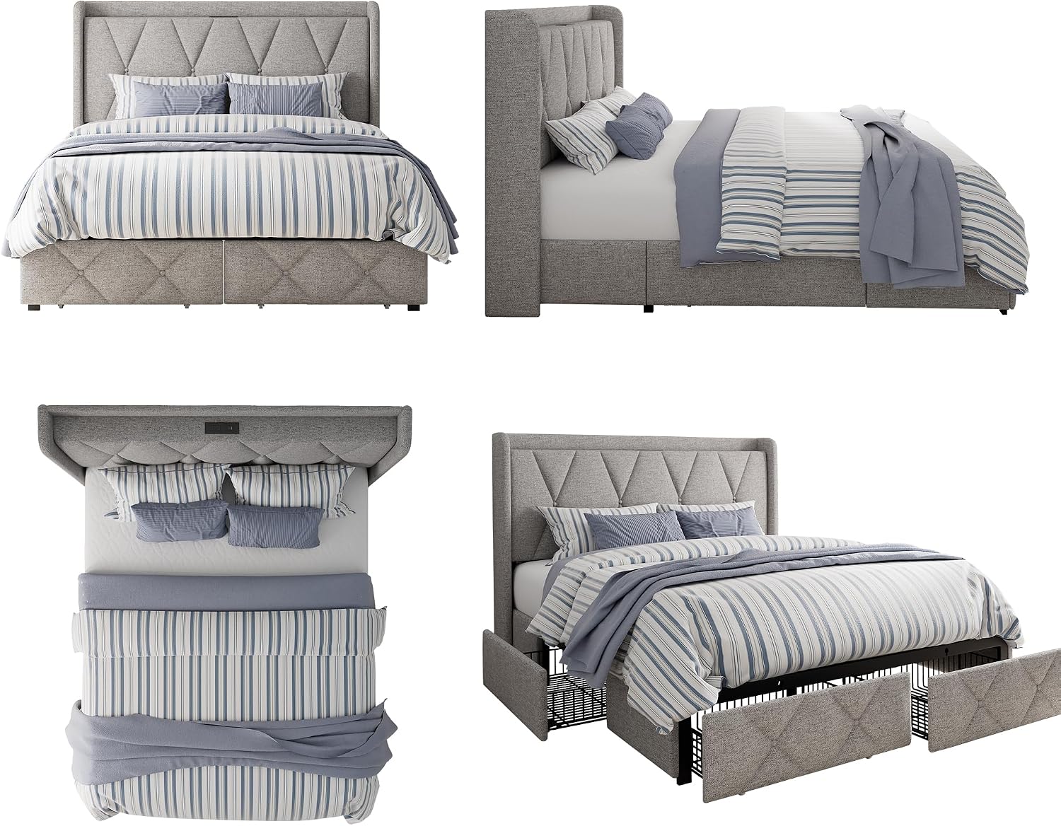 GalnFu Queen Bed Frame with 4 Storage Drawers, Upholstered Platform Bed with Charging Station, Modern Wingback Storage Headboard, Easy Assembly,Noise-Free, Light Gray