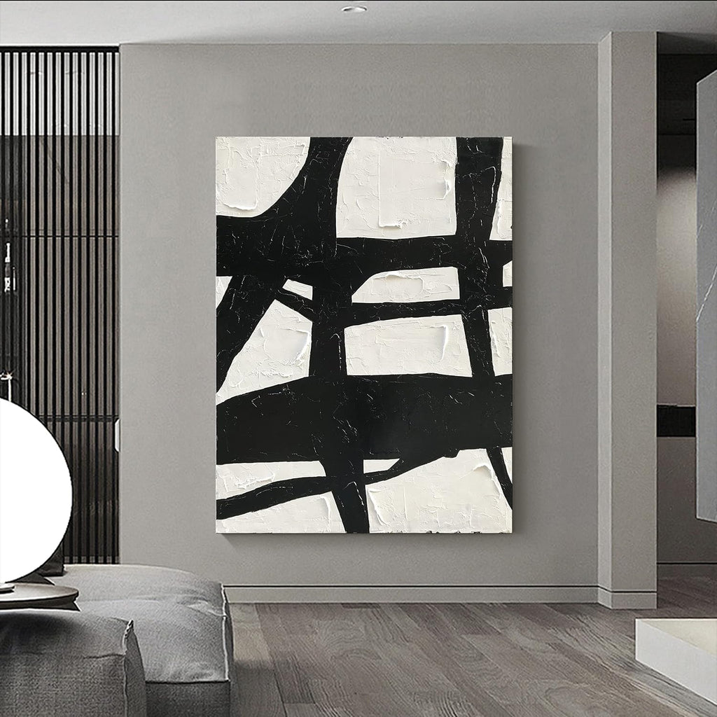 NANKAI Art Hand Painted Large Black and White Abstract contemporary minimalist oil painting work It is suitable for decorating the interior office walls and its size is 48x36 inches
