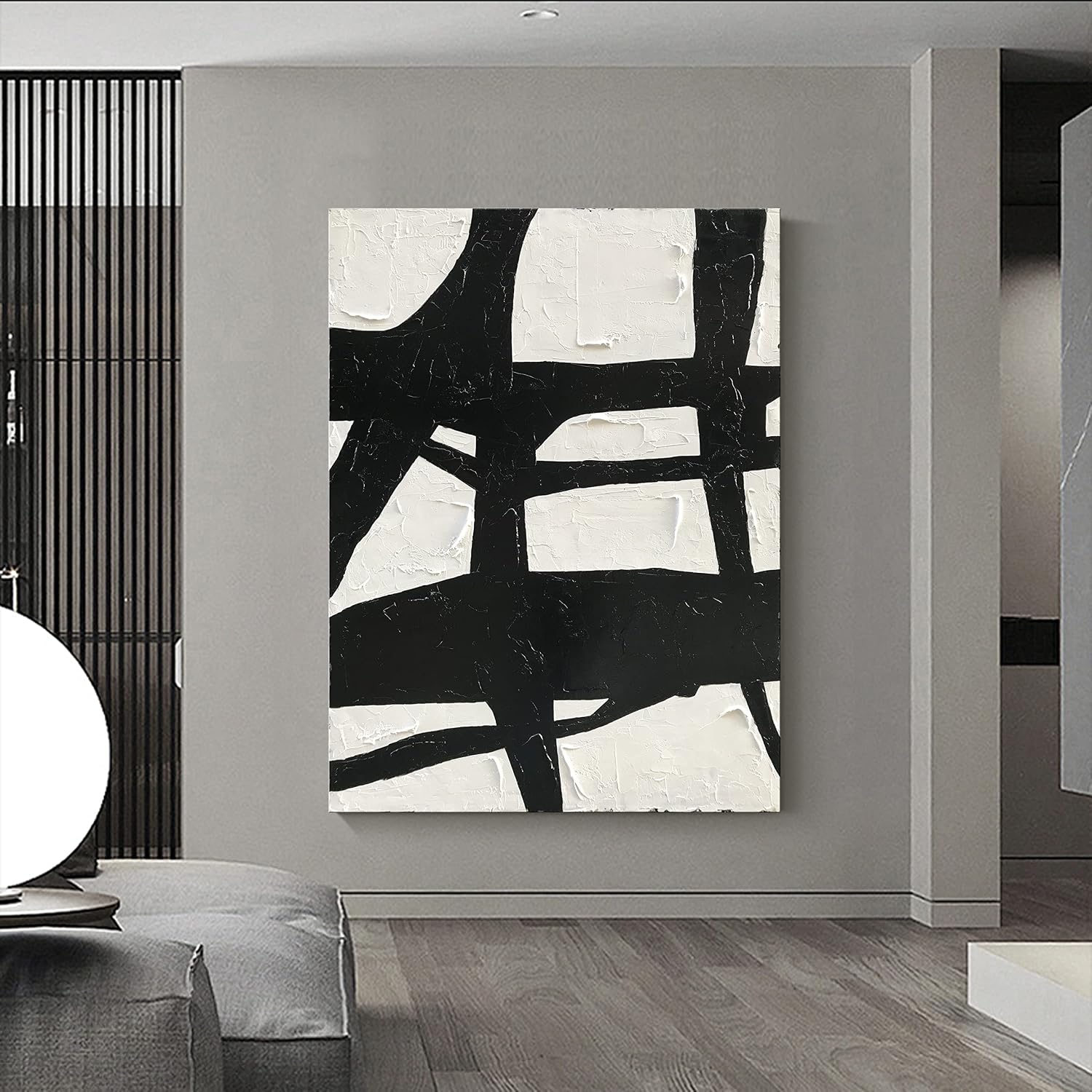 NANKAI Art Hand Painted Large Black and White Abstract contemporary minimalist oil painting work It is suitable for decorating the interior office walls and its size is 48x36 inches