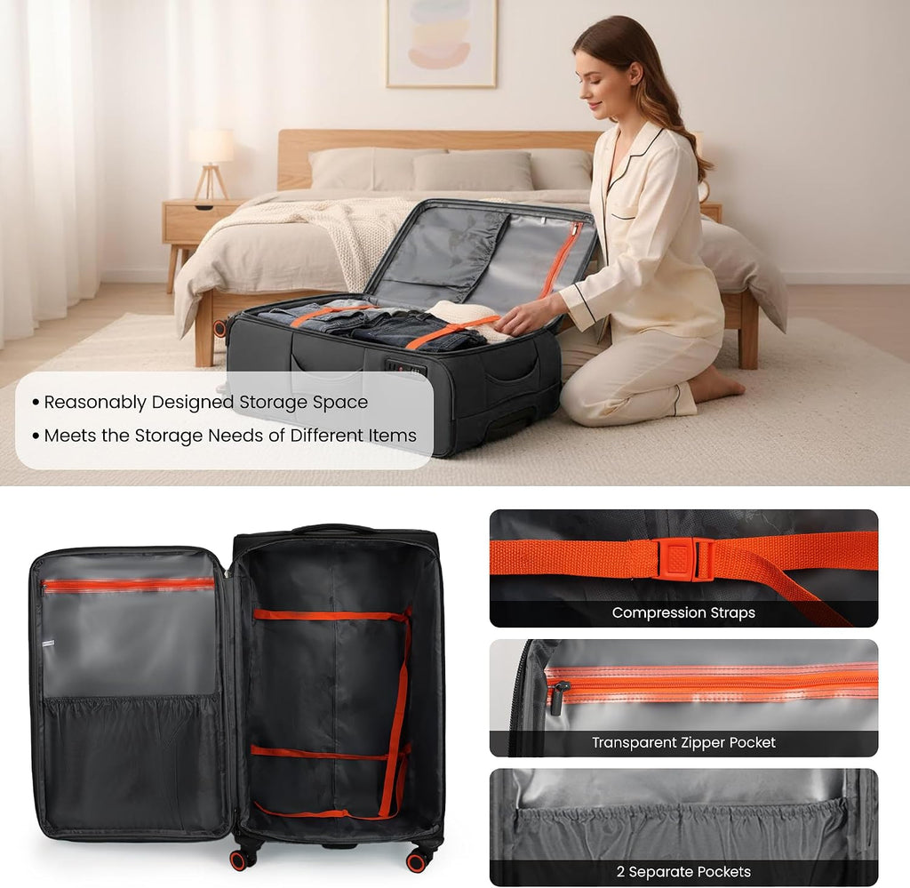 3-Piece Softside Expandable 20% Luggage Set with Front Open Pocket,Softside Suitcases w/Spinner Wheels,Lightweight Durable Rolling Luggage w/TSA LOCK（Black,22in/28in/32in）