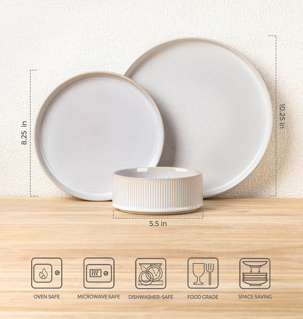TheTerra Ceramic Dinnerware Sets for 8, 24 Pieces Porcelain Lightweight Plates and Bowls Sets, Scratch Resistant Dish Set, Oven & Microwave & Dishwasher Safe, Reactive White