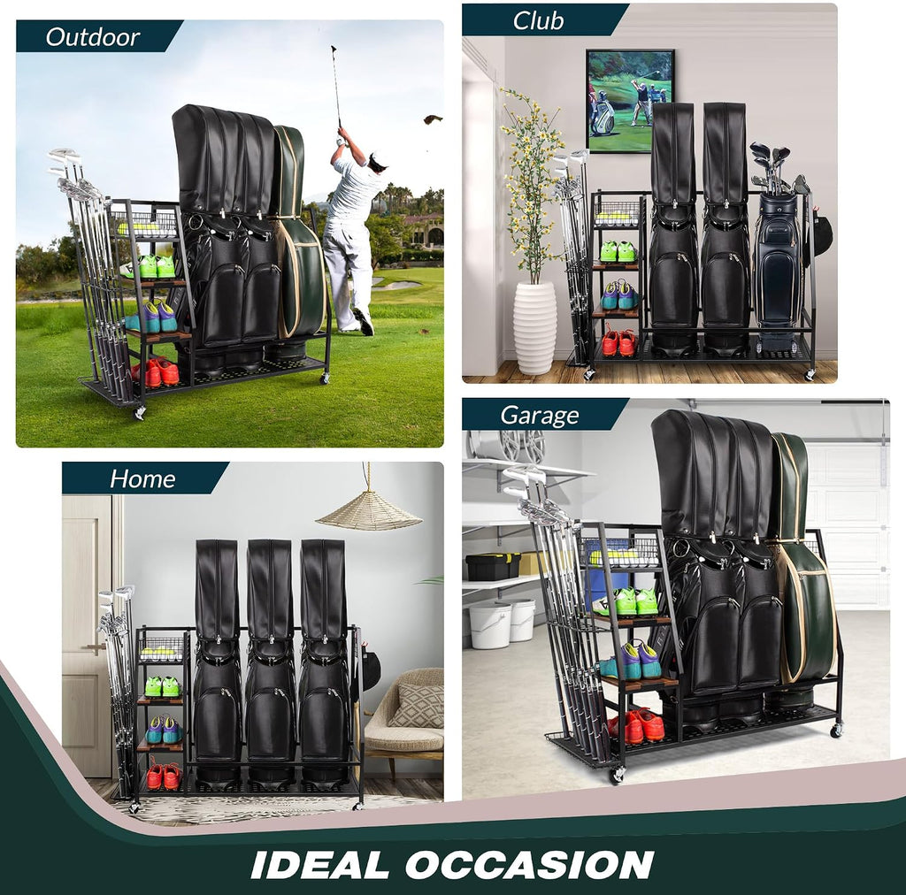 Sttoraboks Golf Bags Storage Garage Organizer, Golf Bag Rack Fits 2/3 Golf Bags and Golf Equipment Accessories, Golf Club Storage Stand with Wooden Shelf and Lockable Wheels for Garage Indoor Basement