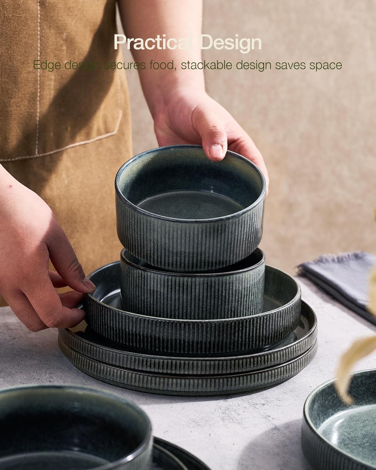 Famiware Star 24-Piece Plates and Bowls Set with Trim, Service for 8 - Stoneware Reactive Glaze Dinnerware, High Edge Ribbed Dishes, Chip & Scratch Resistant, Microwave & Dishwasher Safe, Deep Forest