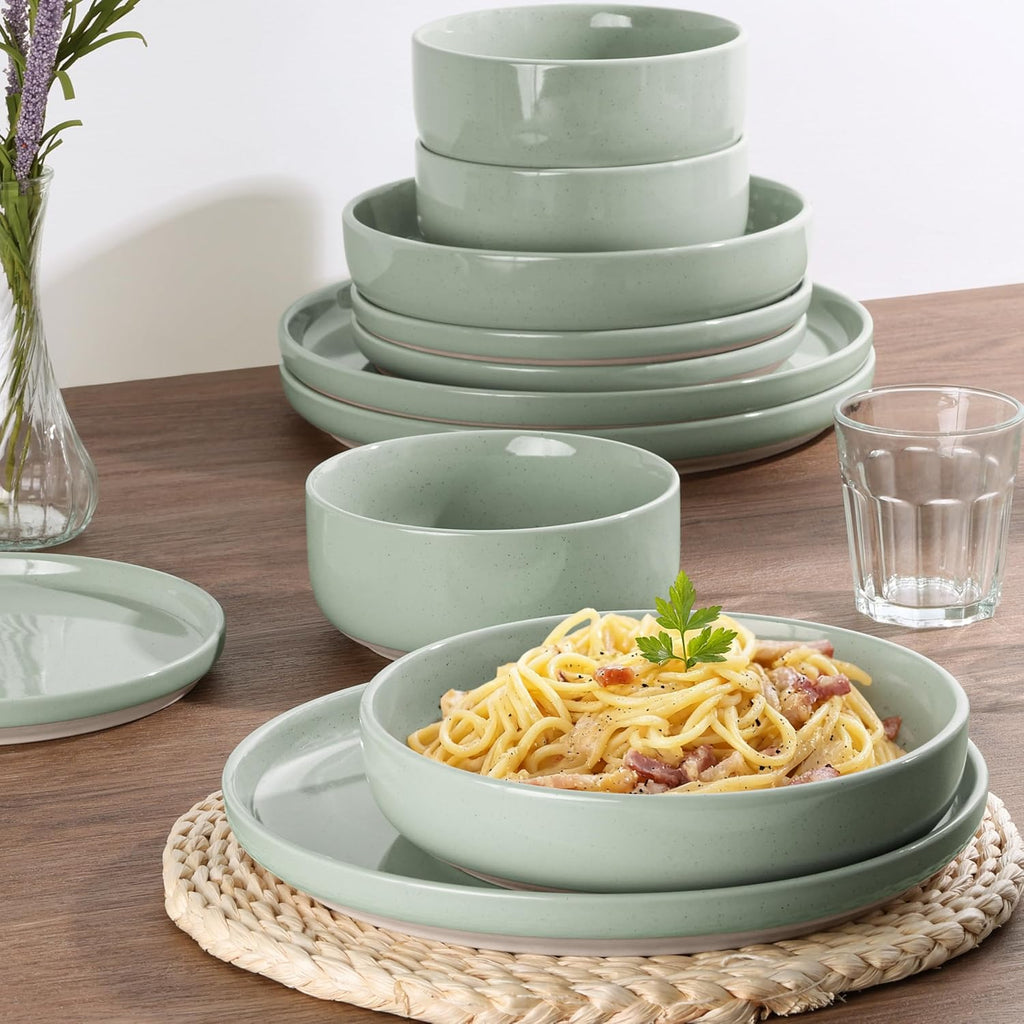 HaWare 24-Piece Plates and Bowls Set for 6, Stoneware Dinnerware Sets with Pasta Bowl, Dishes Set for Home Restaurant, Speckled Asparagus Green