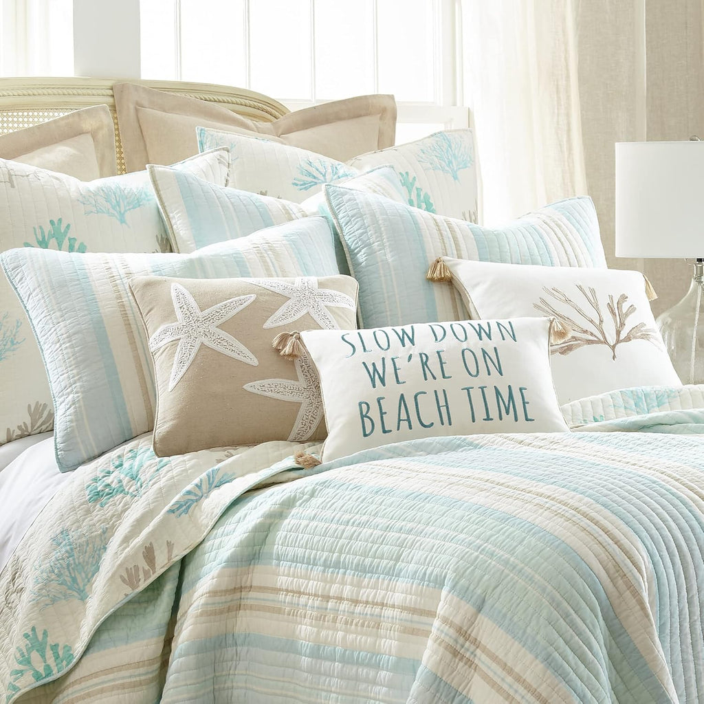 Levtex Home - Stone Harbor Full/Queen Quilt - Striped Coastal - Light Blue, Taupe, & Cream - Quilt Set Size 88x92in. and Two Shams Size 20x26 - Reversible - Cotton Fabric