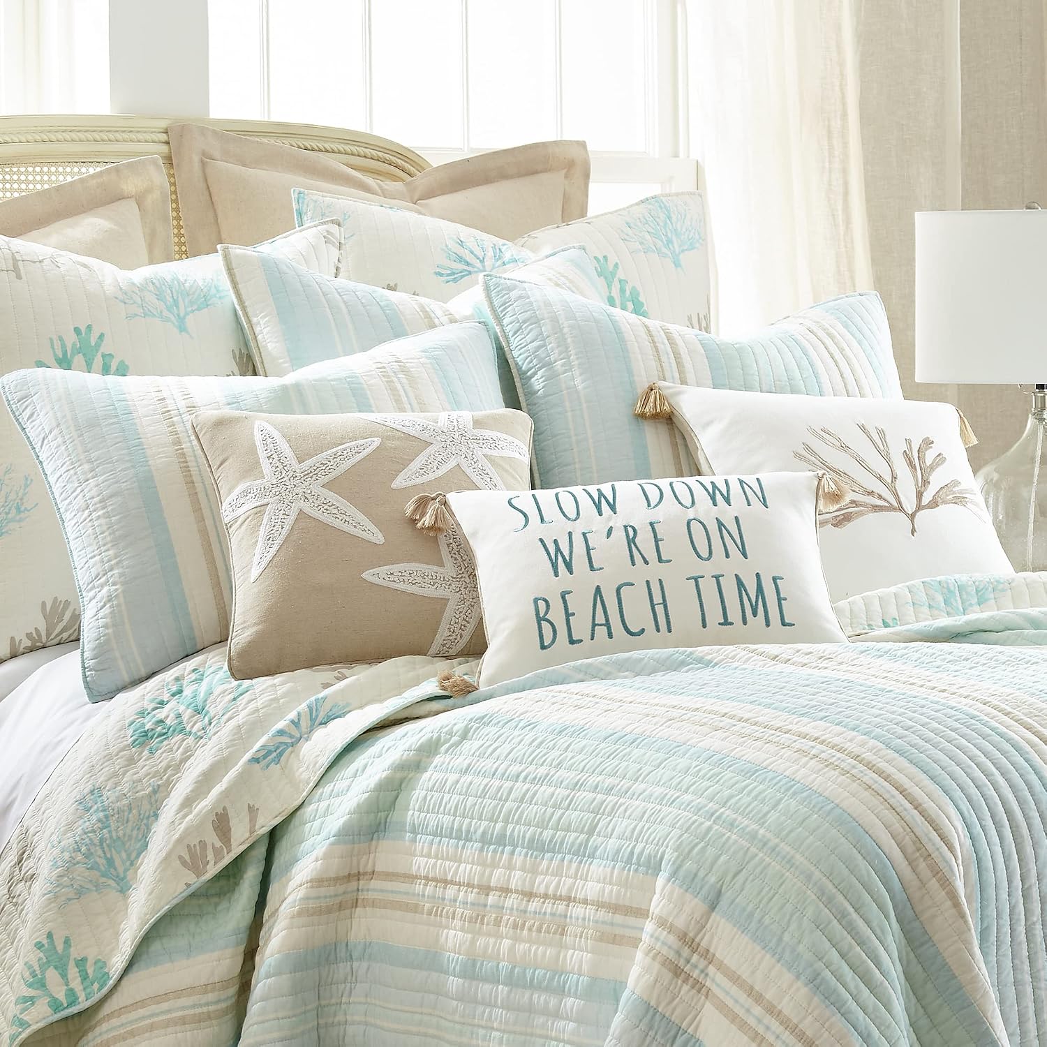 Levtex Home - Stone Harbor Twin/Twin XL Quilt - Striped Coastal - Light Blue, Taupe, & Cream - Quilt Size 68x86in. and One Sham Size 20x26 - Reversible - Cotton Fabric