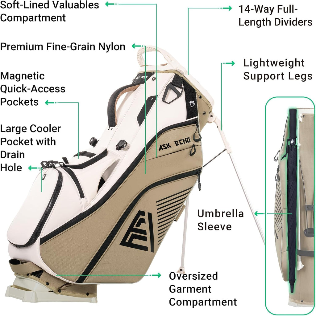 ASK ECHO Golf ST-14 Hybrid Stand Bag with 14 Way Full Length Dividers & Quick Putter Clip
