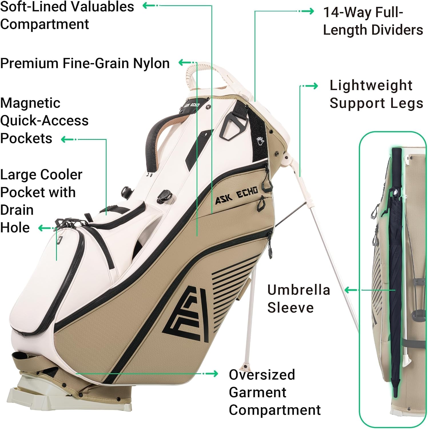 ASK ECHO Golf ST-14 Hybrid Stand Bag with 14 Way Full Length Dividers & Quick Putter Clip