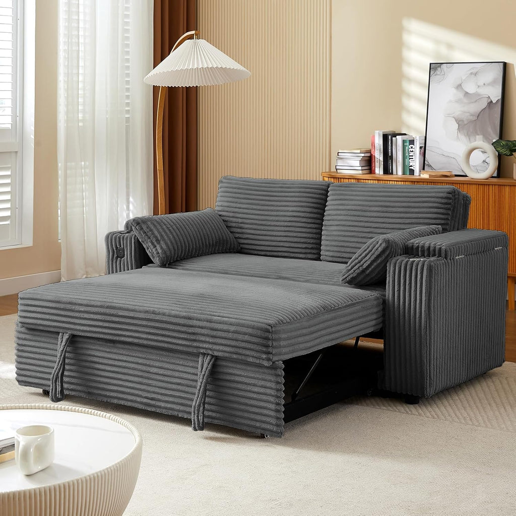hansones 68.11' Corduroy Sleeper Chair Bed with USB Port, Cup Holders & Side Storage Pockets – 3-in-1 Foldable Sofa Bed for Guest Room, Living Room (ZY-1110-Dark Gray)