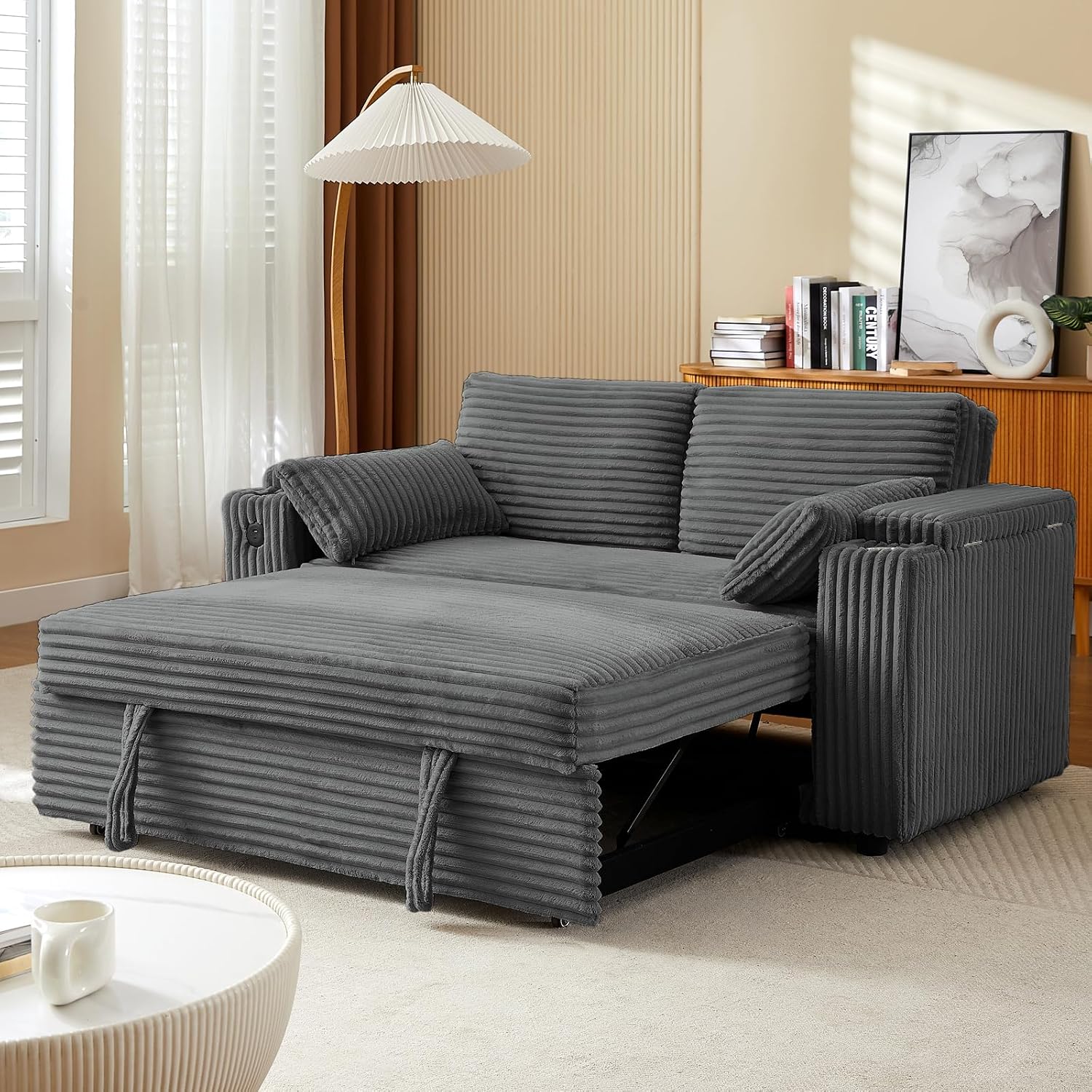 hansones 68.11' Corduroy Sleeper Chair Bed with USB Port, Cup Holders & Side Storage Pockets – 3-in-1 Foldable Sofa Bed for Guest Room, Living Room (ZY-1110-Dark Gray)