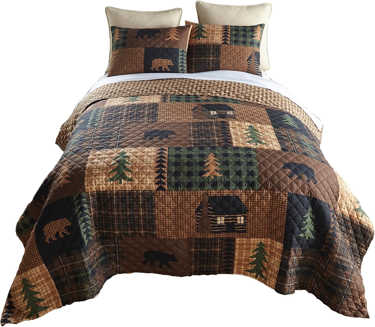 Donna Sharp Brown Bear Cabin- Queen Quilt Set, Measures 90 x 90, Includes 1 Quilt and 2 Standard Shams, Machine Washable