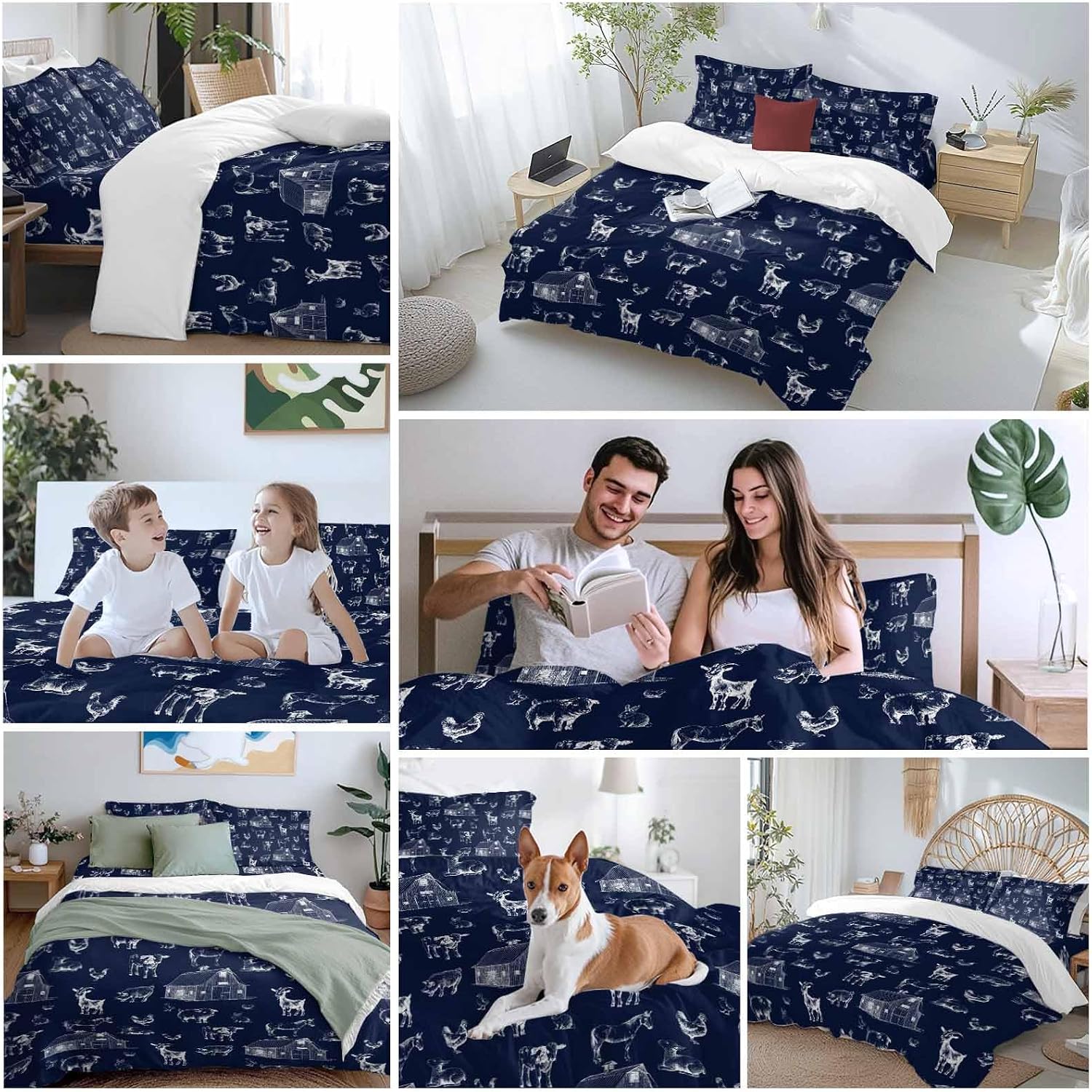 Farm Animals Duvet Cover Set Queen Size 4 Pieces Navy Blue Farmhouse Chicken Cow Sheep Pig House Country Bedding Set with Zipper Closure, 1 Comforter Cover 90x92 Inches 1 Flat Sheet & 2 Pillow Cases