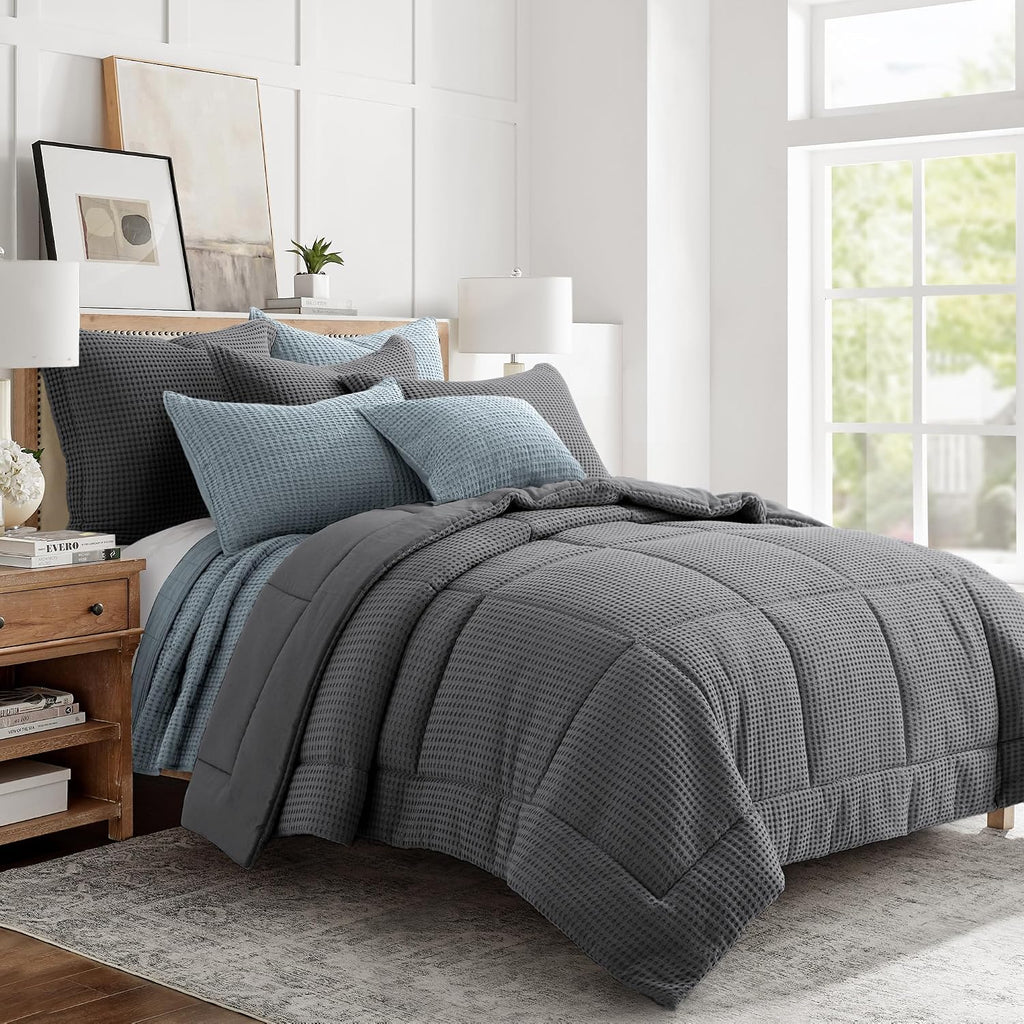 Levtex Home Mills Waffle Full/Queen Comforter Set (90x94in) with 2 Pillow Shams (26x20in) - Charcoal - 100% Cotton Full/Queen Size Comforter Set - Soft, Pre-Washed