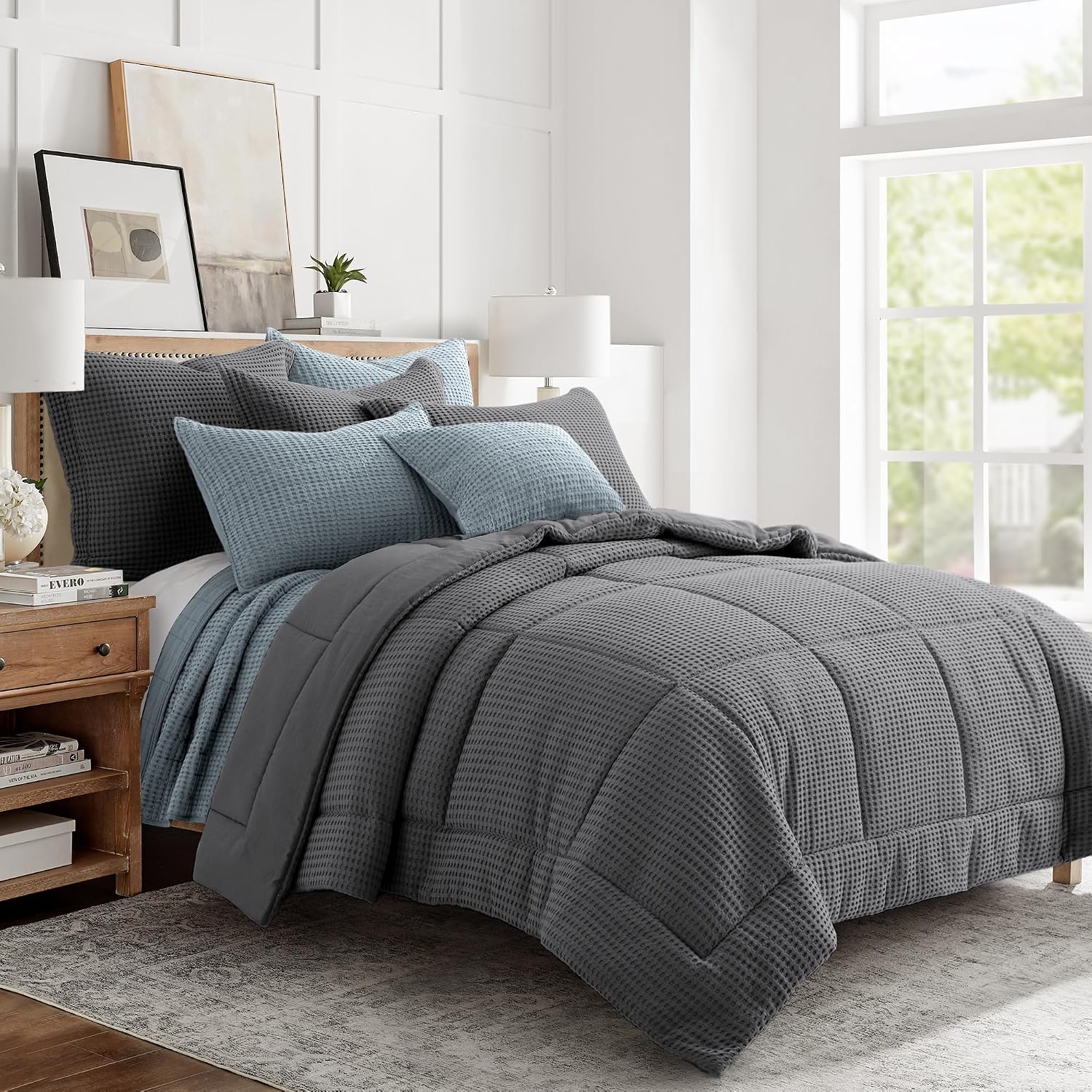 Levtex Home Mills Waffle Full/Queen Comforter Set (90x94in) with 2 Pillow Shams (26x20in) - Charcoal - 100% Cotton Full/Queen Size Comforter Set - Soft, Pre-Washed