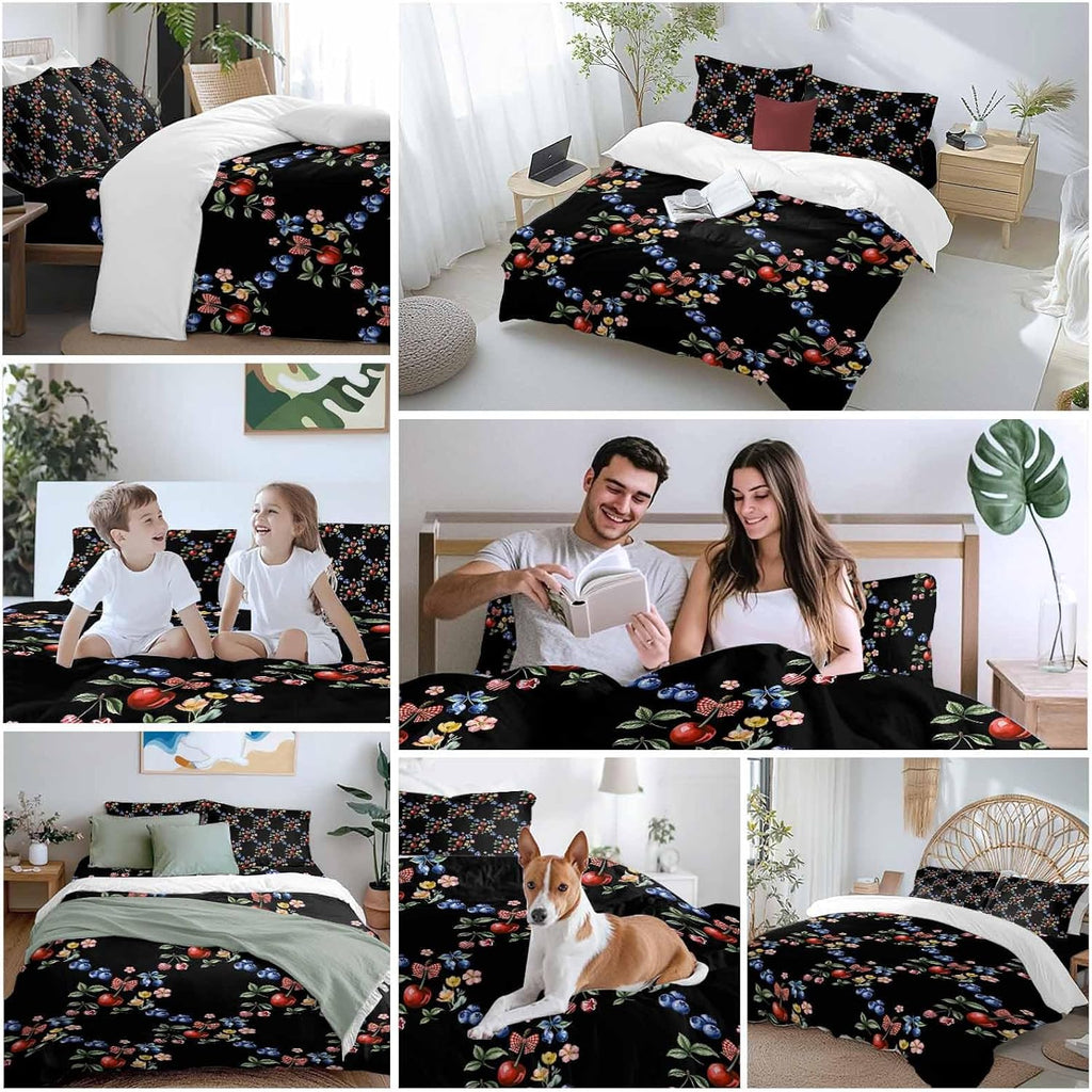 Red Cherry Blueberry Duvet Cover Set Queen Size 4 Pieces Country Farmhouse Flower Green Leaf Black Bedding Set with Zipper Closure, 1 Comforter Cover 90x92 Inches 1 Flat Sheet & 2 Pillow Cases