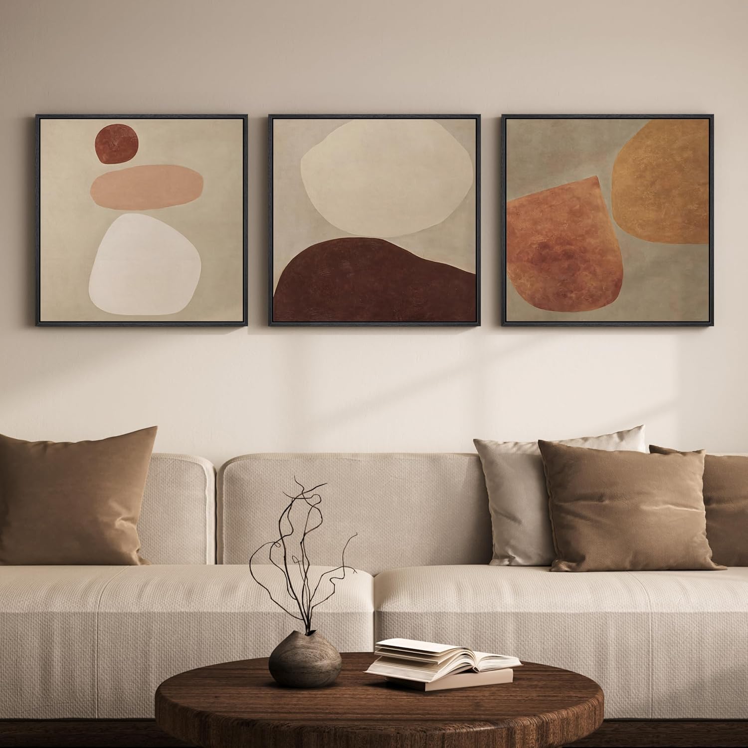 Large Framed Neutral Abstract Wall Art for Living Room, Mid Century Modern Canvas Prints Artwork for Walls, Warm Boho Wabi Sabi Square Earth Tone Pictures for Dining Room Bedroom Office Decor, 24x24
