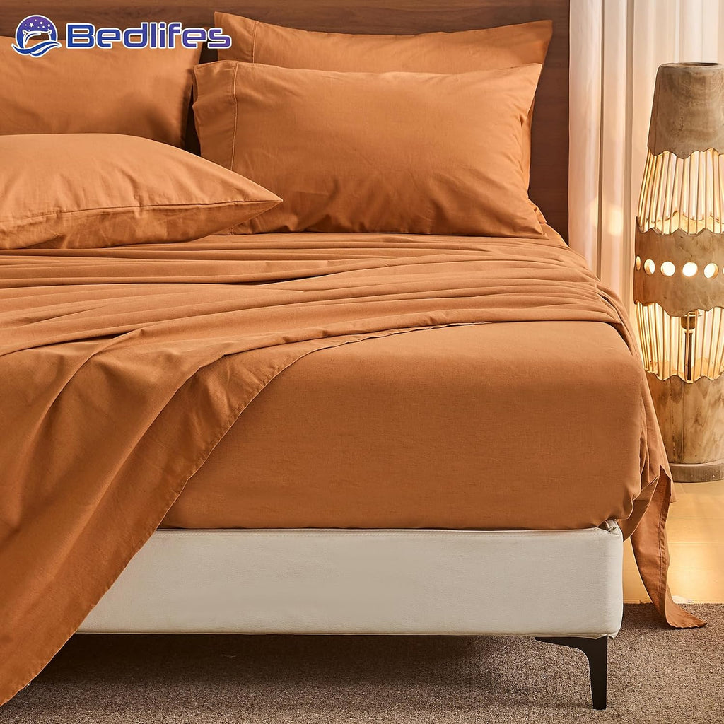 Bedlifes 100% French Pure Linen Sheets Queen Size Breathable and Cooling Flax Sheet Set Soft Durable and Moisture Wicking 16 Inch Deep Pocket-4 Piece(Queen,Brown)