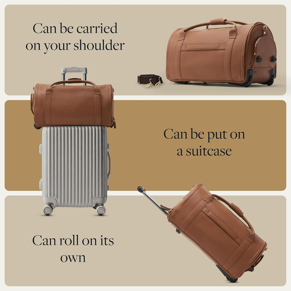 Wool & Oak - NOVA Large Duffle Bag with Wheels - Carry On Garment Duffle Bags for Travel, Overnight, Hospital - Travel Bags for Women & Men with Shoe Compartment & Tech Pocket (Leather, Sand)