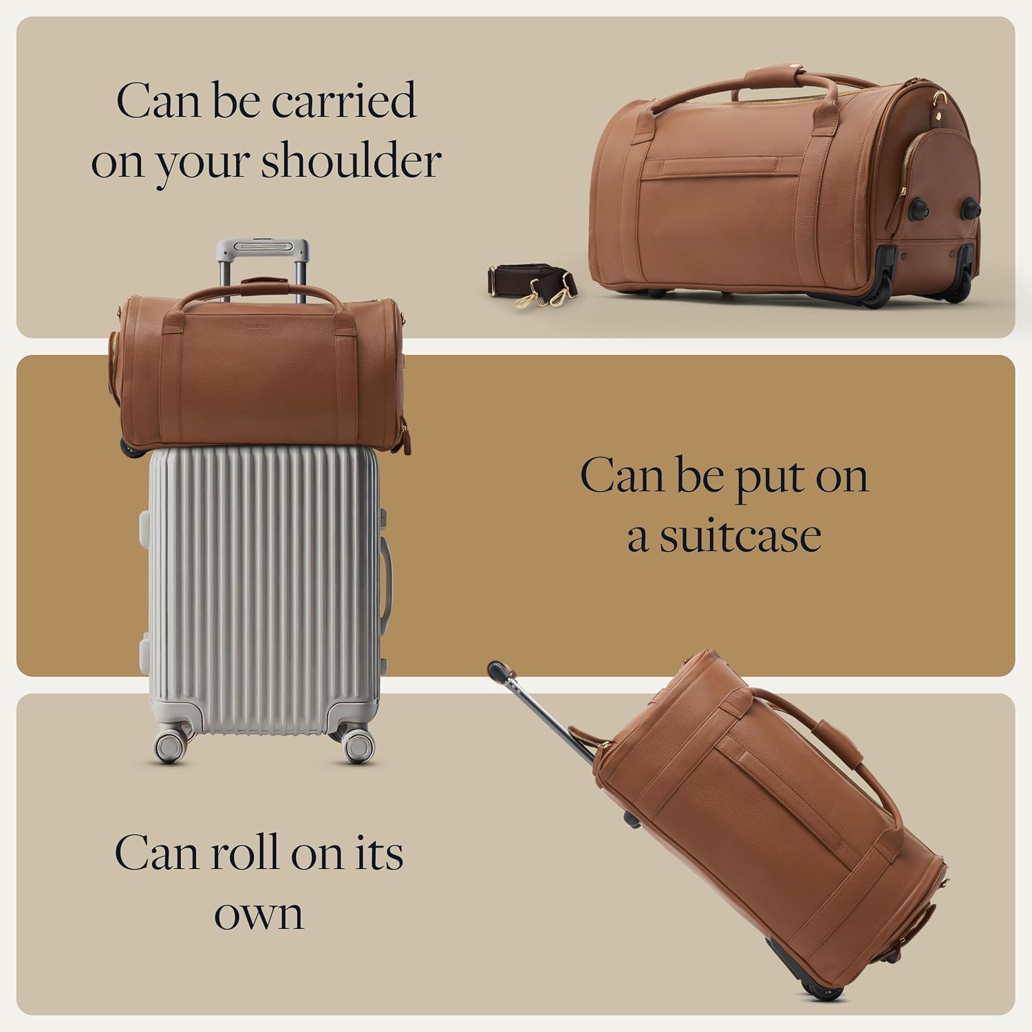 Wool & Oak - NOVA Large Duffle Bag with Wheels - Carry On Garment Duffle Bags for Travel, Overnight, Hospital - Travel Bags for Women & Men with Shoe Compartment & Tech Pocket (Leather, Sand)