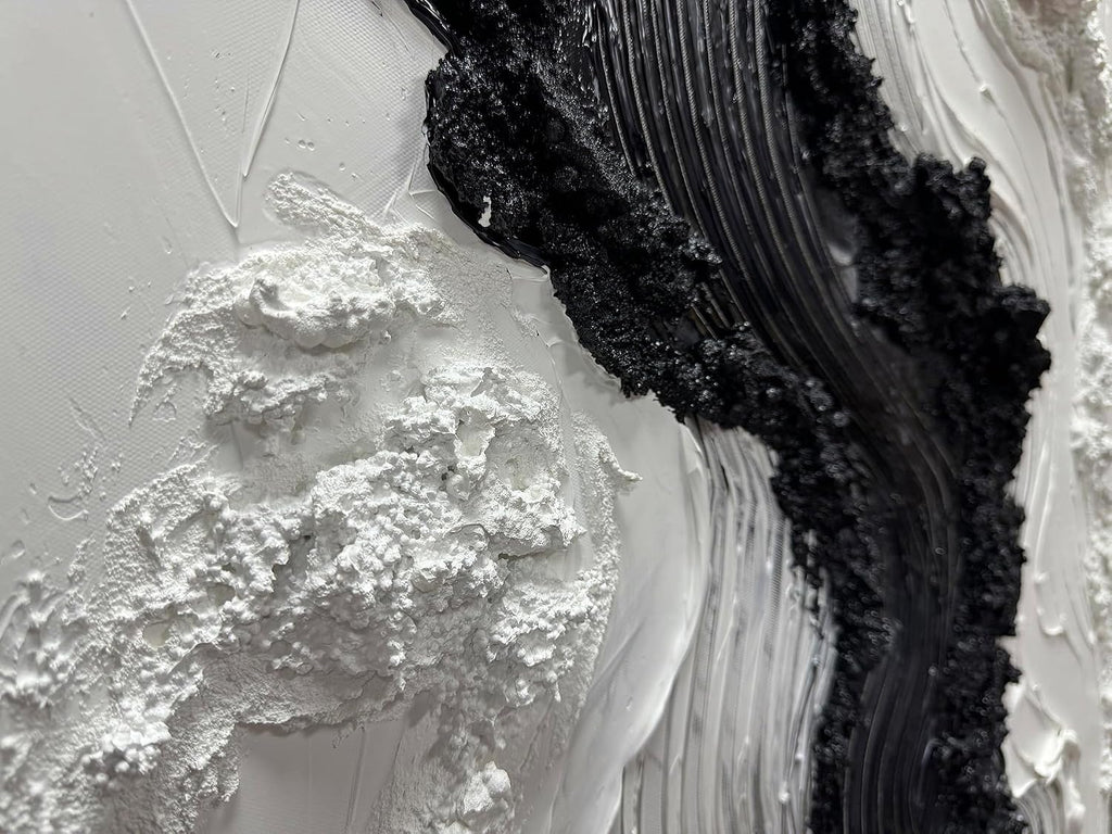 Boiee Art,24x48Inch Hand Painted Modern Black Simply White Framed Artwork Textured Ocean Wave Art on Canvas Minimalist Oil Painting