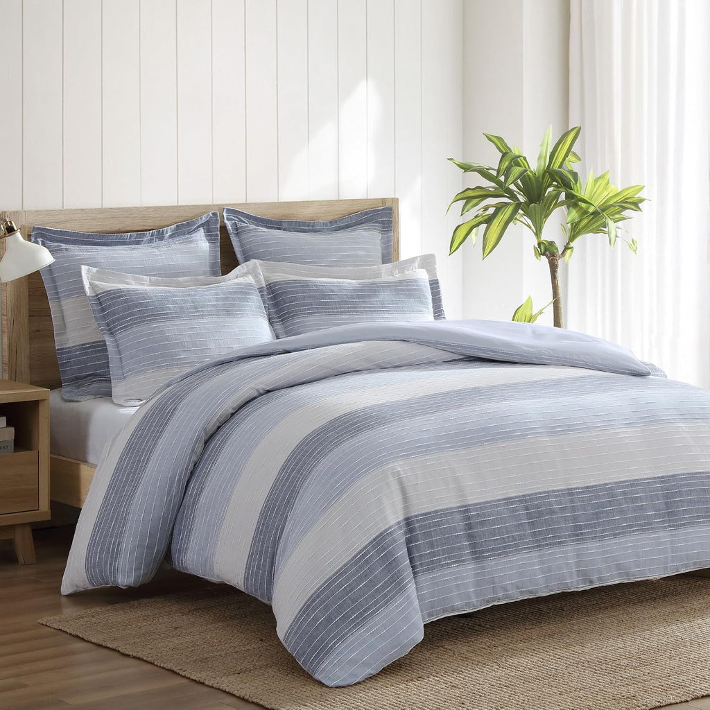 Levtex Home Sand Stripes Blue Full/Queen Comforter Set (90x94in) with 2 Pillowcases (26x20in) - Woven Jacquard Stripe - Blue, Grey, White - Cotton Full/Queen Size Comforter Set - Soft Pre-Washed