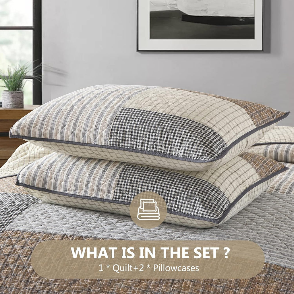Quilts King Size - King Quilt Bedspread Sets, 100% Cotton Patchwork Quilt Bedding Set for King Bed, 3 Pieces Plaid Farmhouse Reversible Rustic Lightweight Comforter Spread, Brown/Beige/Gray