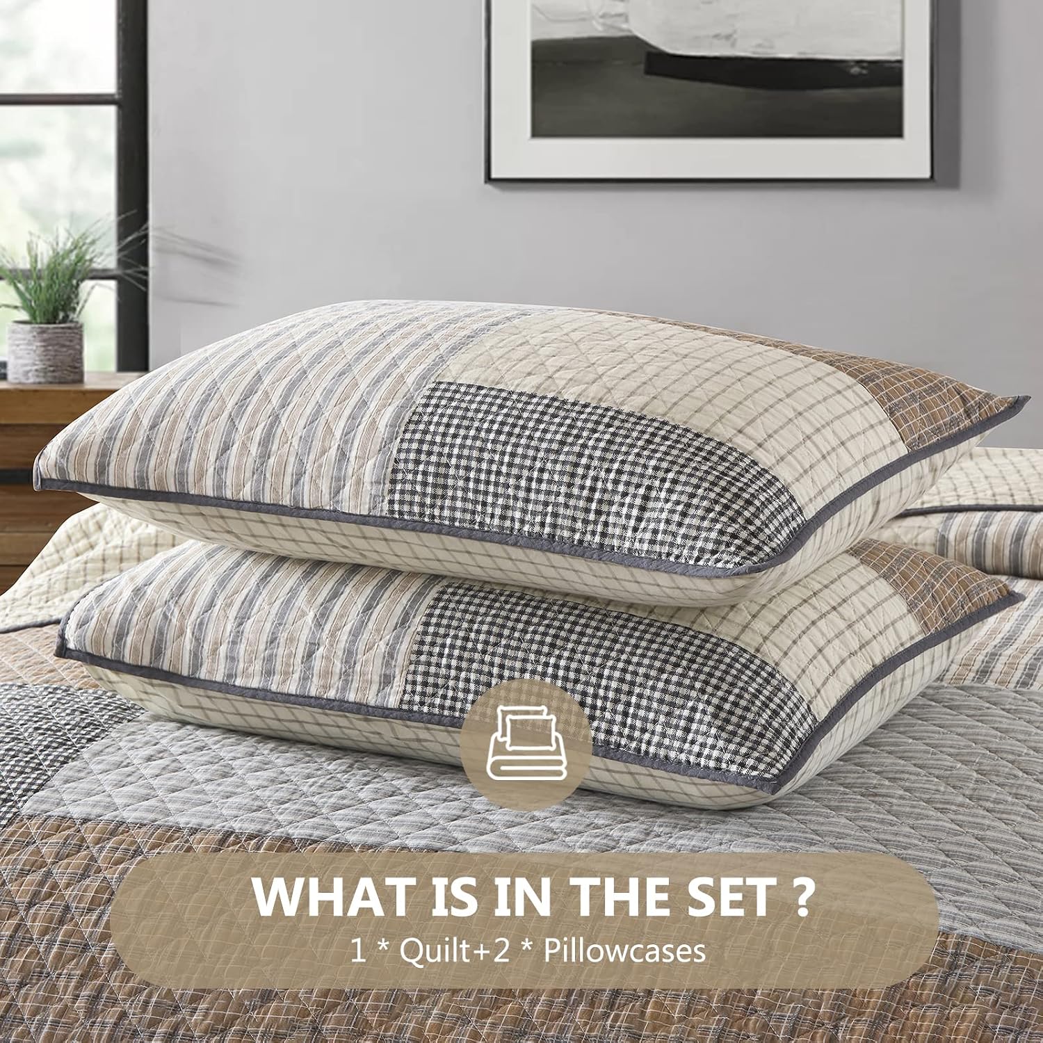 Quilts King Size - King Quilt Bedspread Sets, 100% Cotton Patchwork Quilt Bedding Set for King Bed, 3 Pieces Plaid Farmhouse Reversible Rustic Lightweight Comforter Spread, Brown/Beige/Gray