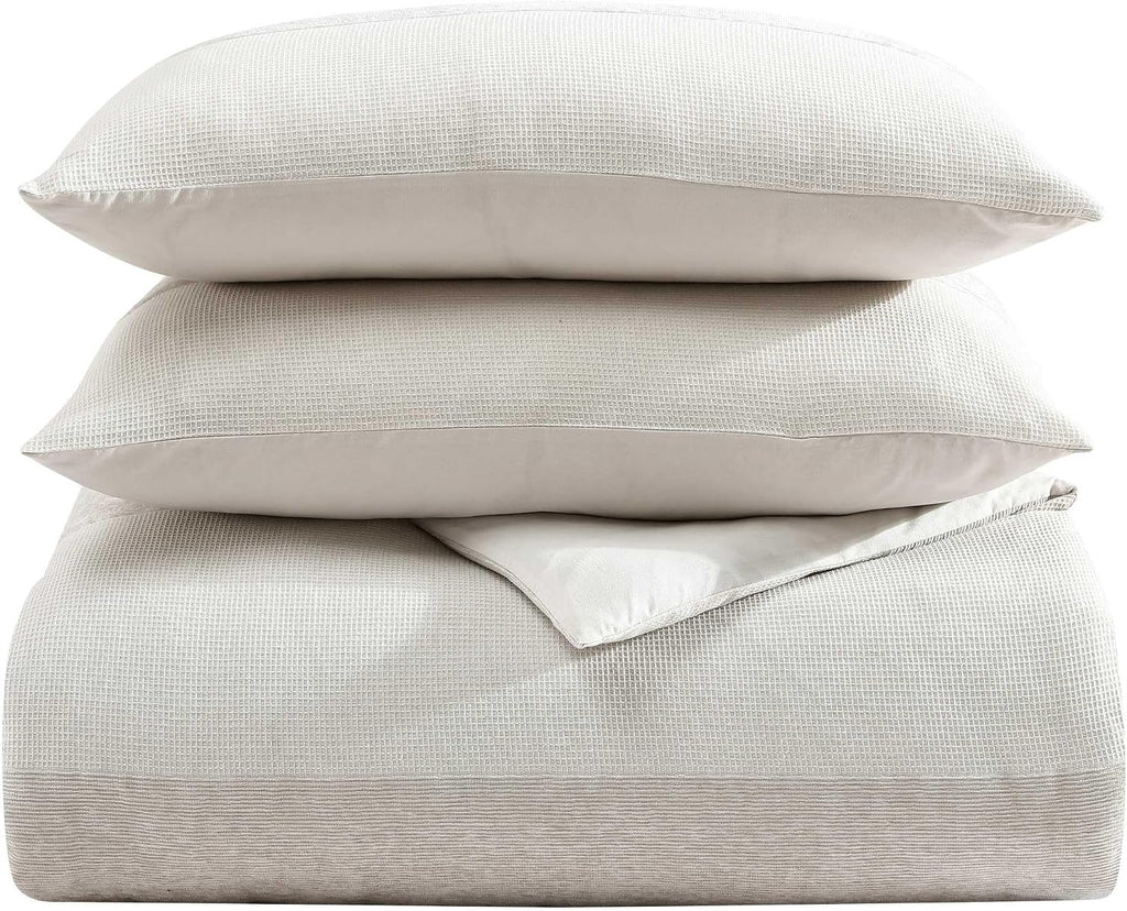 Vera Wang - King Size Comforter Set, Soft Bedding Set with Textured Chenille Waffle Feel, Medium Weight for Year-Round Comfort, 3 Piece Bed Set with Matching Pillowcases (Stripe Beige)