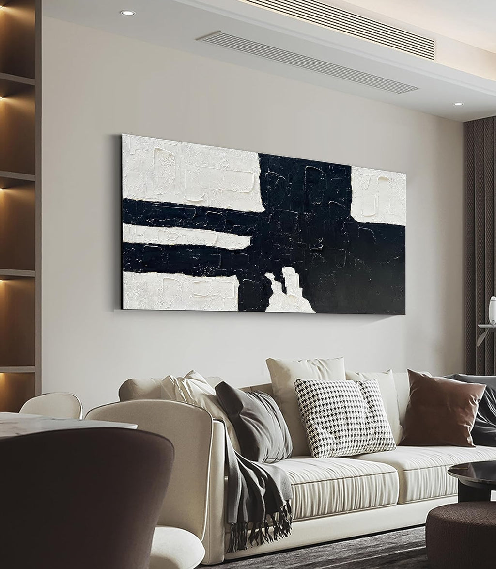NANKAI Hand-Painted Black and white minimalist style abstract art painting for large-scale wall decoration, 30x60 inches