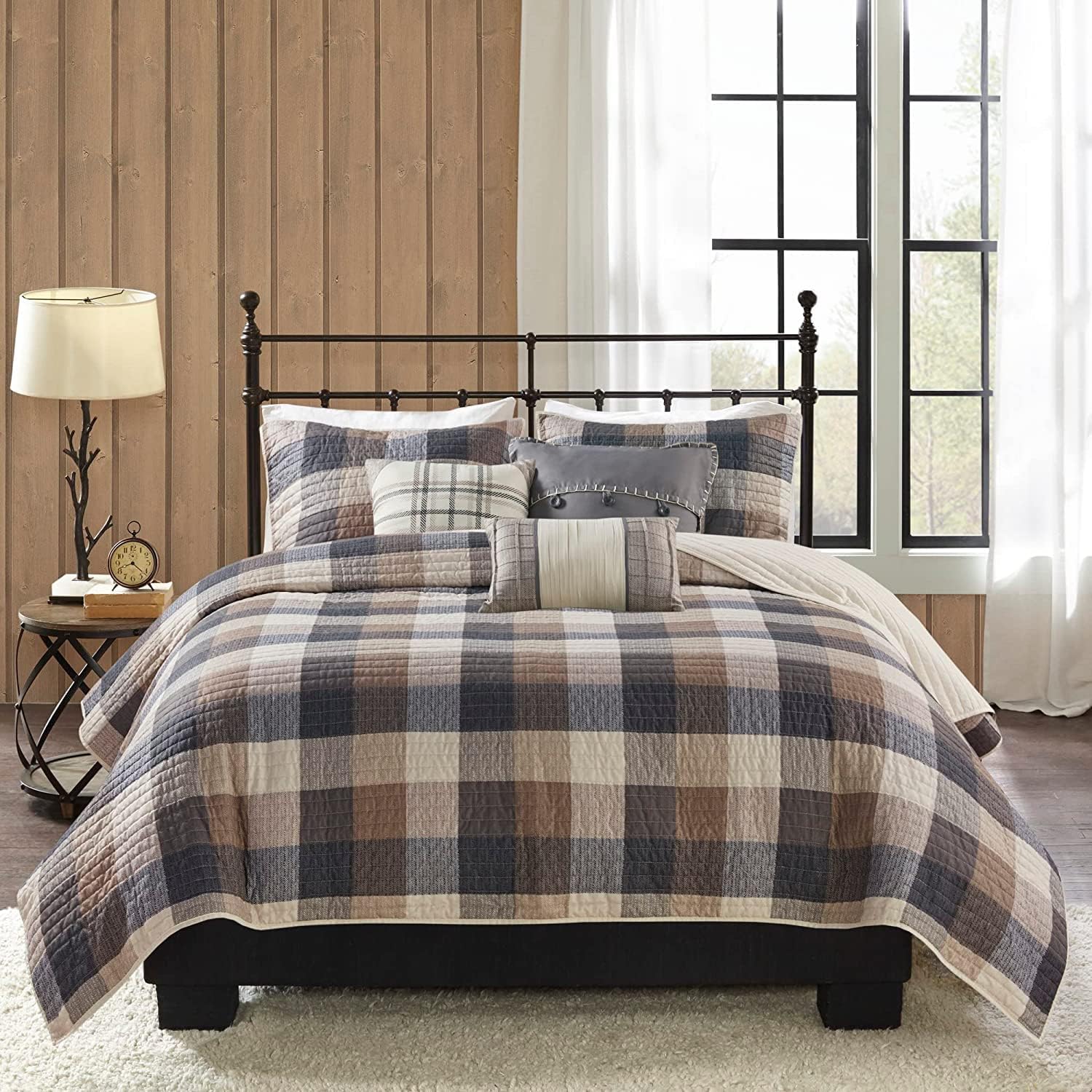 Madison Park Reversible Quilt Cabin Lifestyle Plaid Design - All Season, Breathable Coverlet Bedspread Bedding Set, Matching Shams, King/Cal King(104'x92'), Neutral 6 Piece