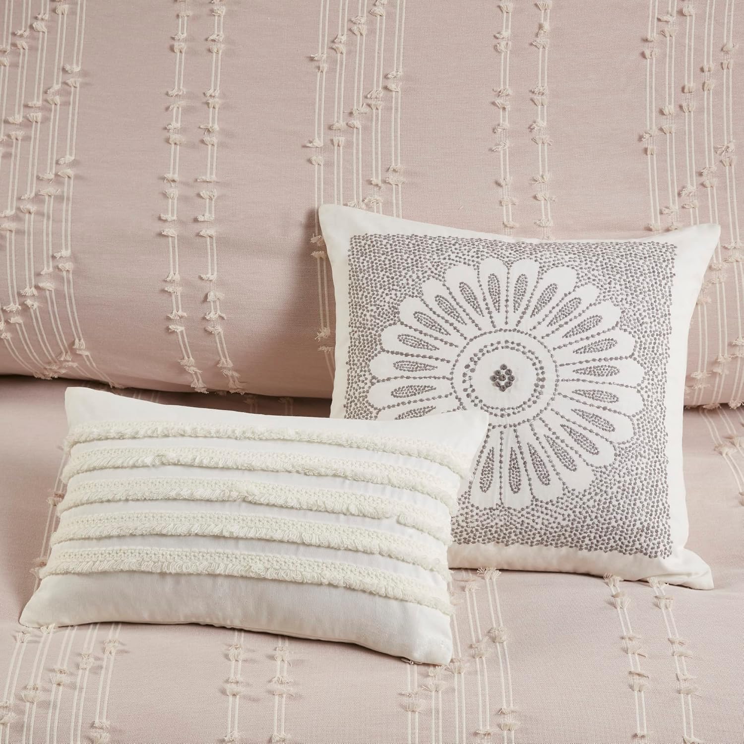 INK+IVY Kara 100% Cotton Duvet Mid Century Modern Design, All Season Comforter Cover Bedding Set, Matching Shams, Full/Queen, Jacquard Stripes Blush 3 Piece