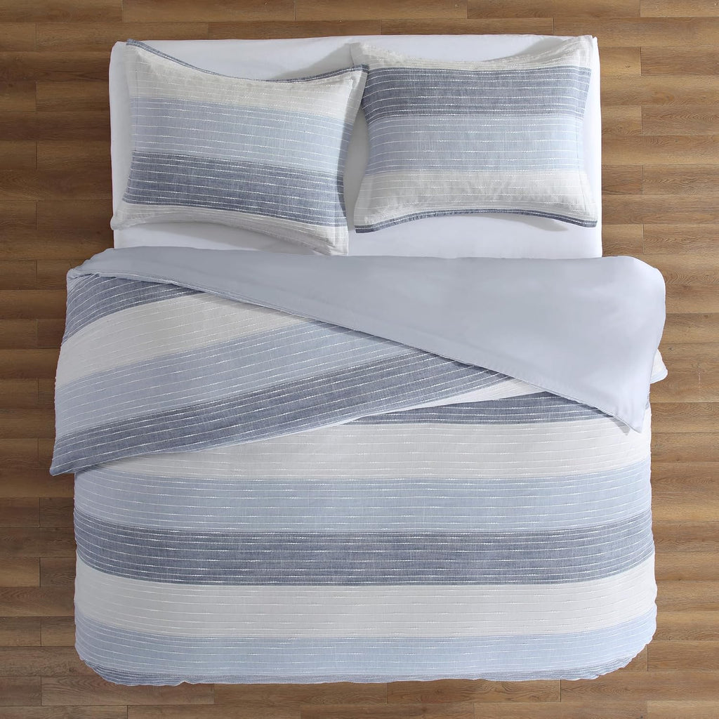 Levtex Home Sand Stripes Blue Twin Duvet Cover Set (68x88in) with 1 Pillowcase (26x20in) - Woven Jacquard Stripe - Blue, Grey, White - 100% Cotton Twin Size Duvet Cover Set - Soft, Pre-Washed