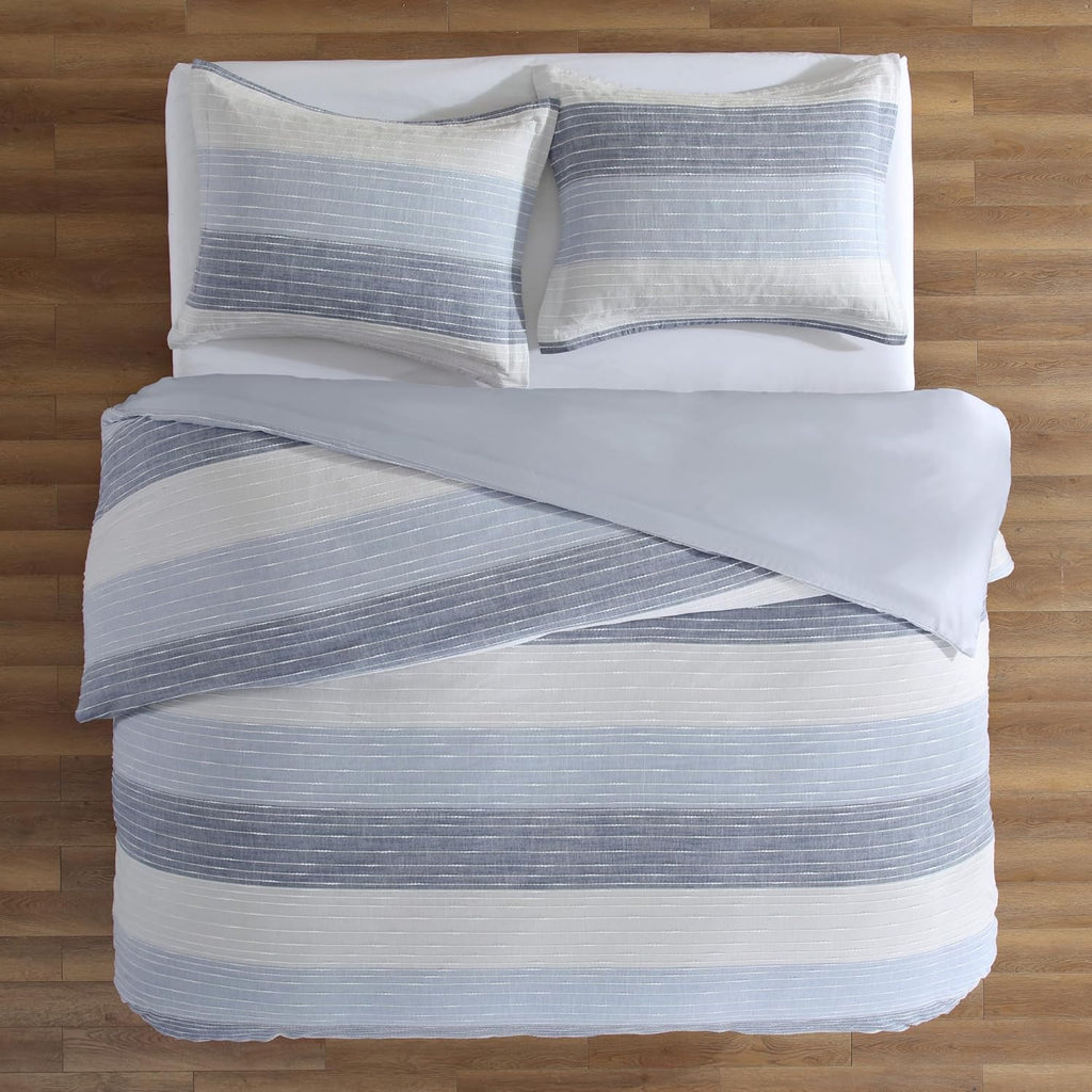 Levtex Home Sand Stripes Blue Full/Queen Comforter Set (90x94in) with 2 Pillowcases (26x20in) - Woven Jacquard Stripe - Blue, Grey, White - Cotton Full/Queen Size Comforter Set - Soft Pre-Washed