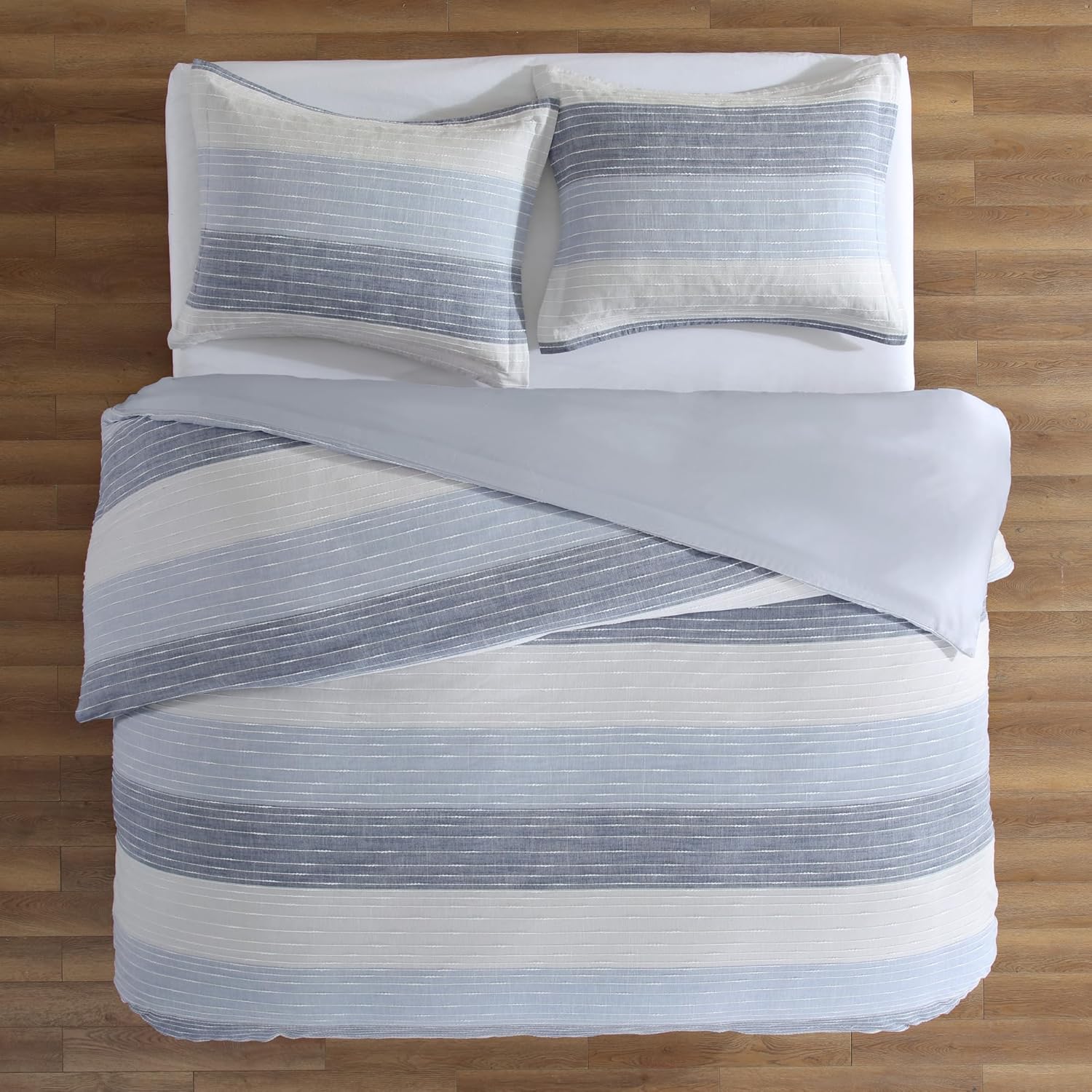 Levtex Home Sand Stripes Blue Full/Queen Comforter Set (90x94in) with 2 Pillowcases (26x20in) - Woven Jacquard Stripe - Blue, Grey, White - Cotton Full/Queen Size Comforter Set - Soft Pre-Washed