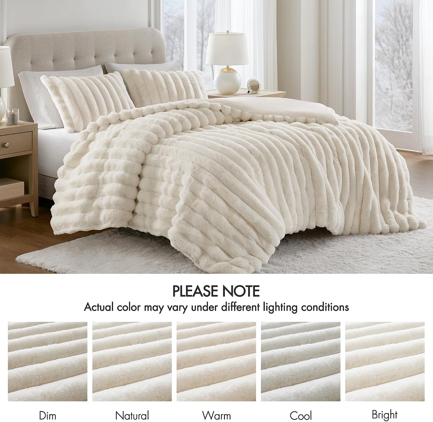 Madison Park Jasmine King Comforter Set, Luxurious Reversible Faux Fur Plush Ribbed Velvet Bedding, Fuzzy Thick Warm Winter Comforter, Super Soft Fluffy 3-Piece Set Ivory
