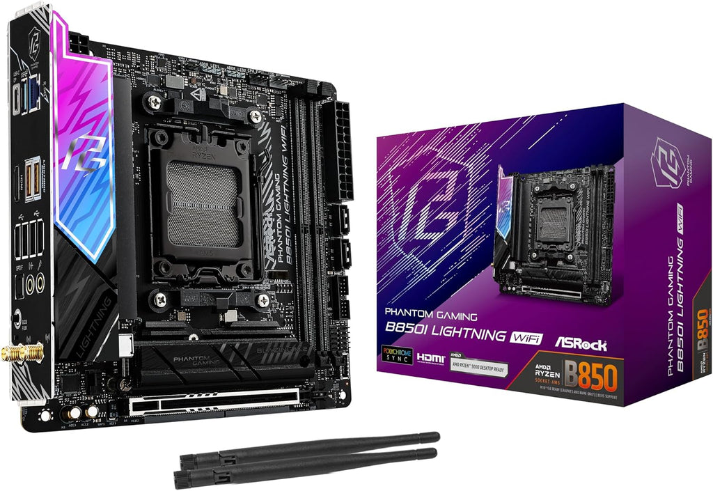 ASRock AMD B850i Lightning WiFi 6E Socket AM5 Ryzen 9000/8000/7000 Series DDR5 8200+ (OC) MHz 128GB Mini ITX Motherboard M.2 SATA3 6.0 Gb/s PCIe 5.0 B850 BIOS Flashback
