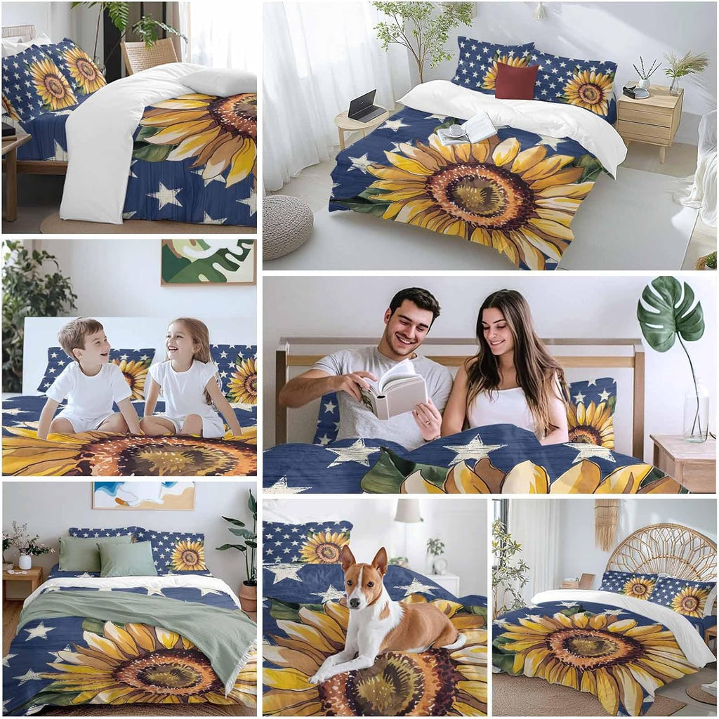 Prime Leader Independence Day Duvet Cover Set Queen Size 4 Pieces Hand Panted Sunflowers Countryside Star Bedding Set with Zipper Closure, 1 Comforter Cover 90x92 Inches 1 Flat Sheet & 2 Pillow Cases