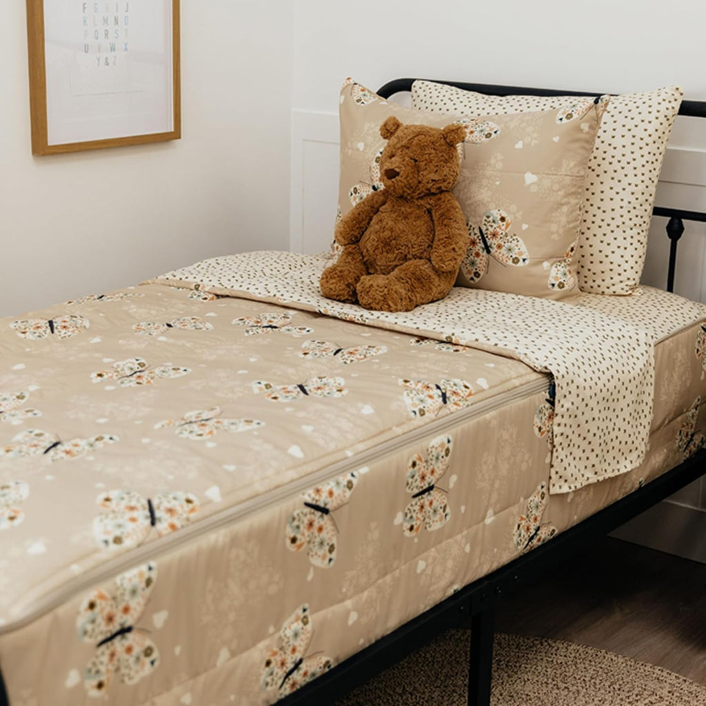 Beddy's Butterfly Themed Durable Zipper Bedding for Kids - Bed in a Bag - Beige Sheets & Comforter with Butterflies, Hearts & Floral Design - Includes Pillowcase & Sham - Easy to Make & Wash - Twin