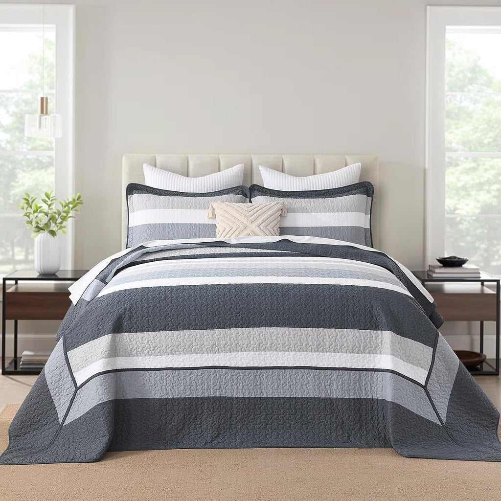 DDUOXIN Oversized King Bedspread 120' W x120 L - 100% Cotton California Quilt with 2 Pillow Shams, Simple Striped Design Lightweight Durable Bedding, Perfect for Modern Bedrooms, Blue/Gray/White