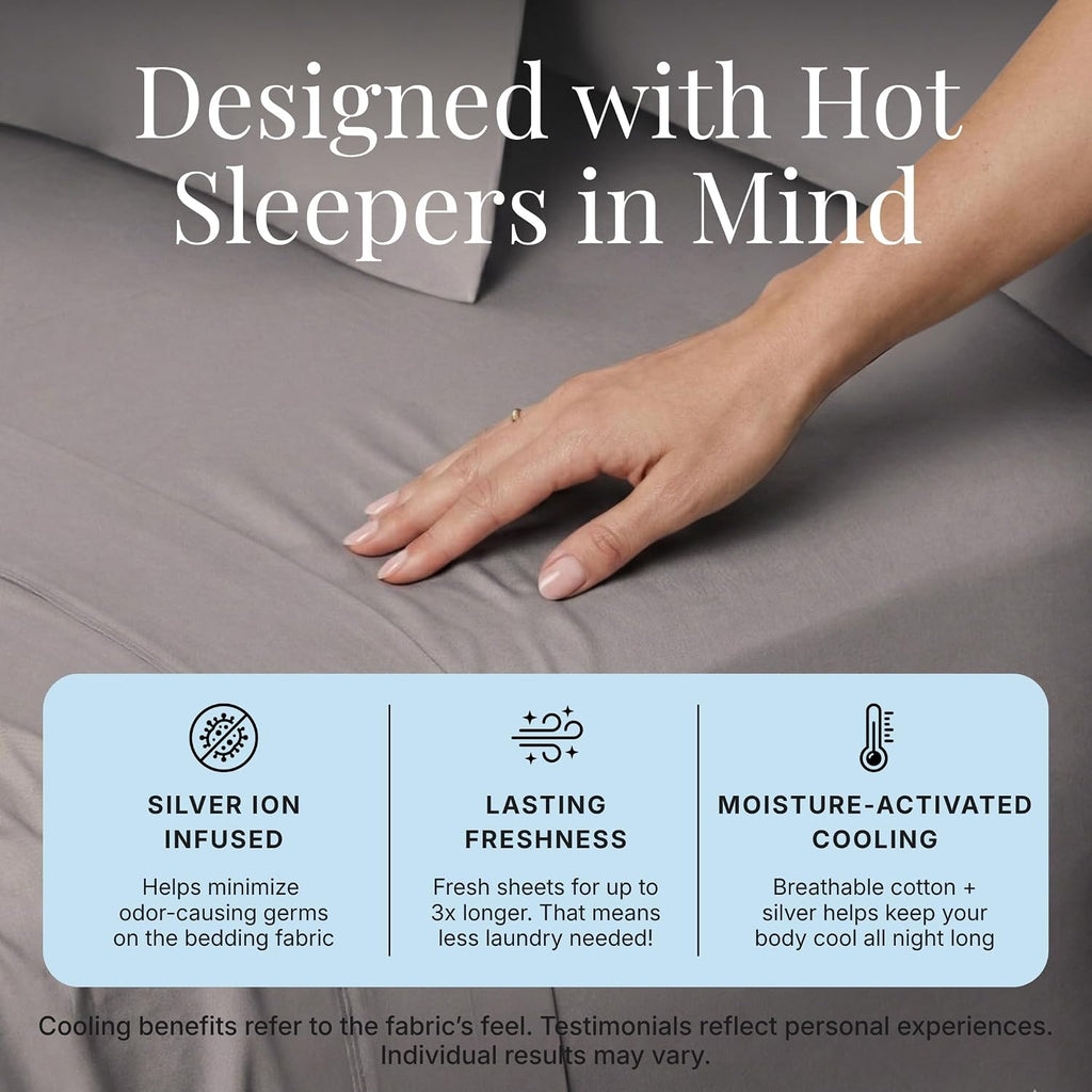 Miracle Made Breathable Cotton Bed Sheets, 4-Piece Set – Silver-Treated, Soft and Cool-to-the-Touch Lightweight Bedding Designed for Hot Sleepers – Full Size, Stone